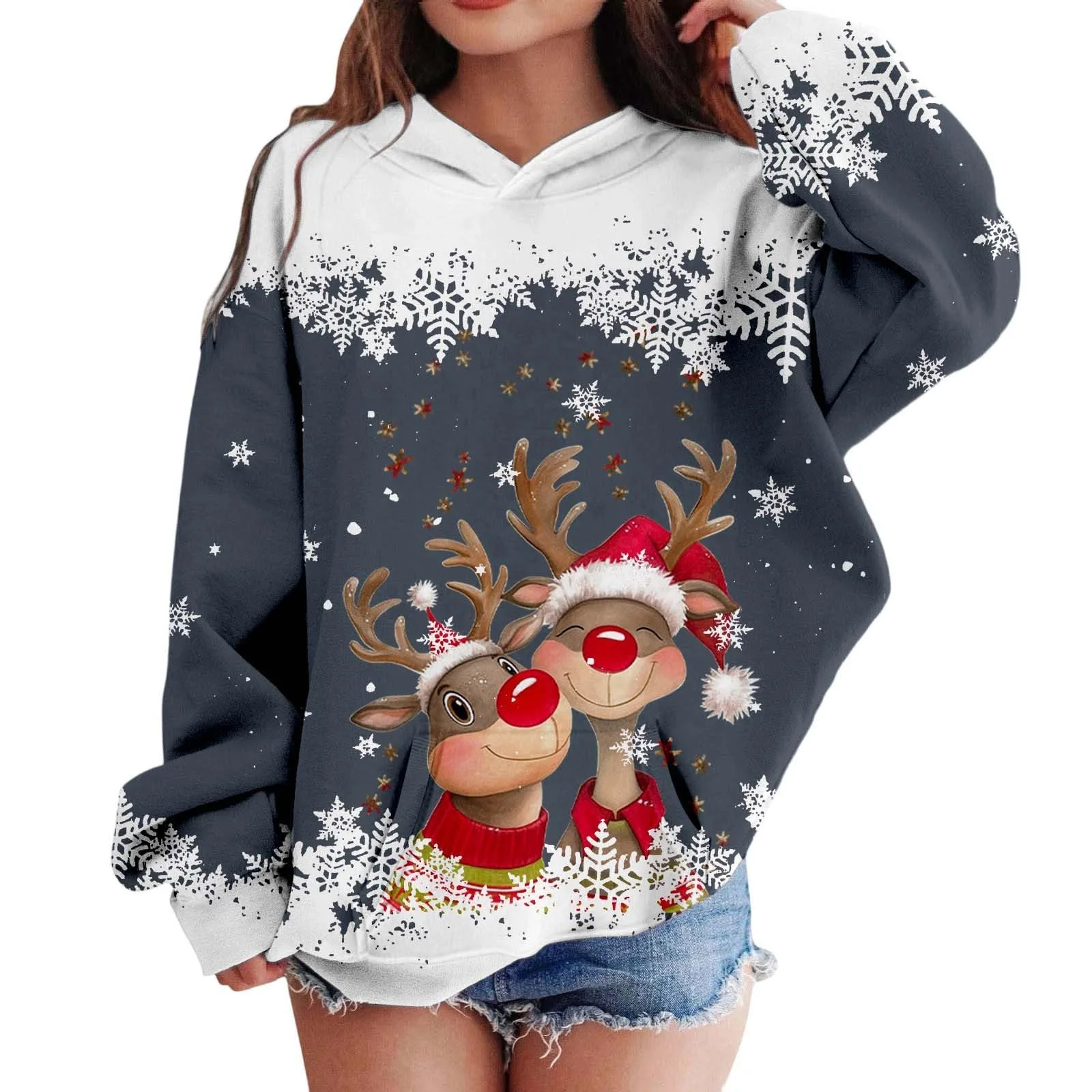 Детский рождественский джемпер Толстовка с капюшоном Голова оленя Мультяшный рисунок Длинный рукав для мальчиков и девочек (2-12 лет), фото №1