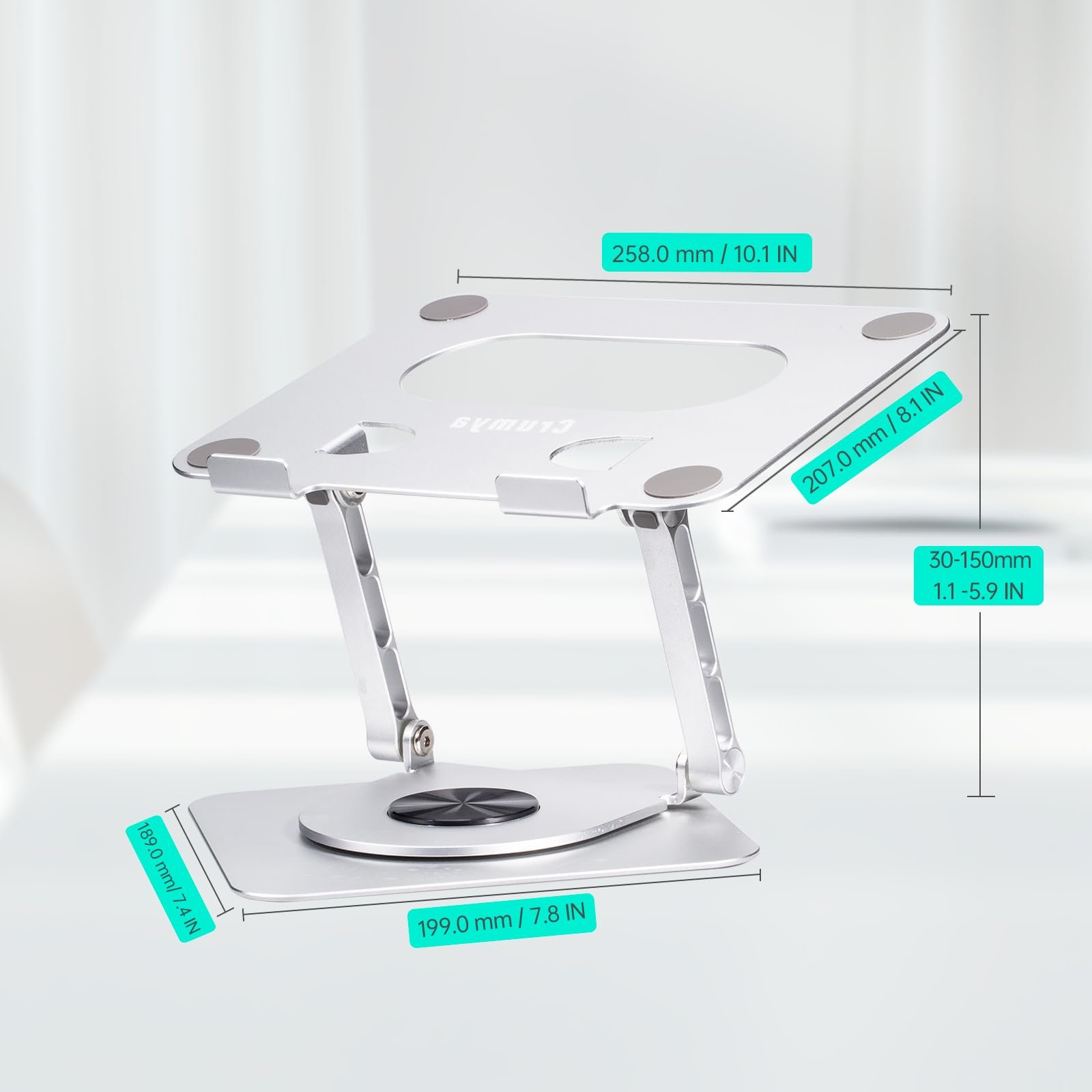 Підставка для ноутбука Crumya, алюмінієвий сплав, 360 градусів, PC, складана, ергономічна, регульована по висоті та куту, до 17 дюймів, срібляста, фото №7