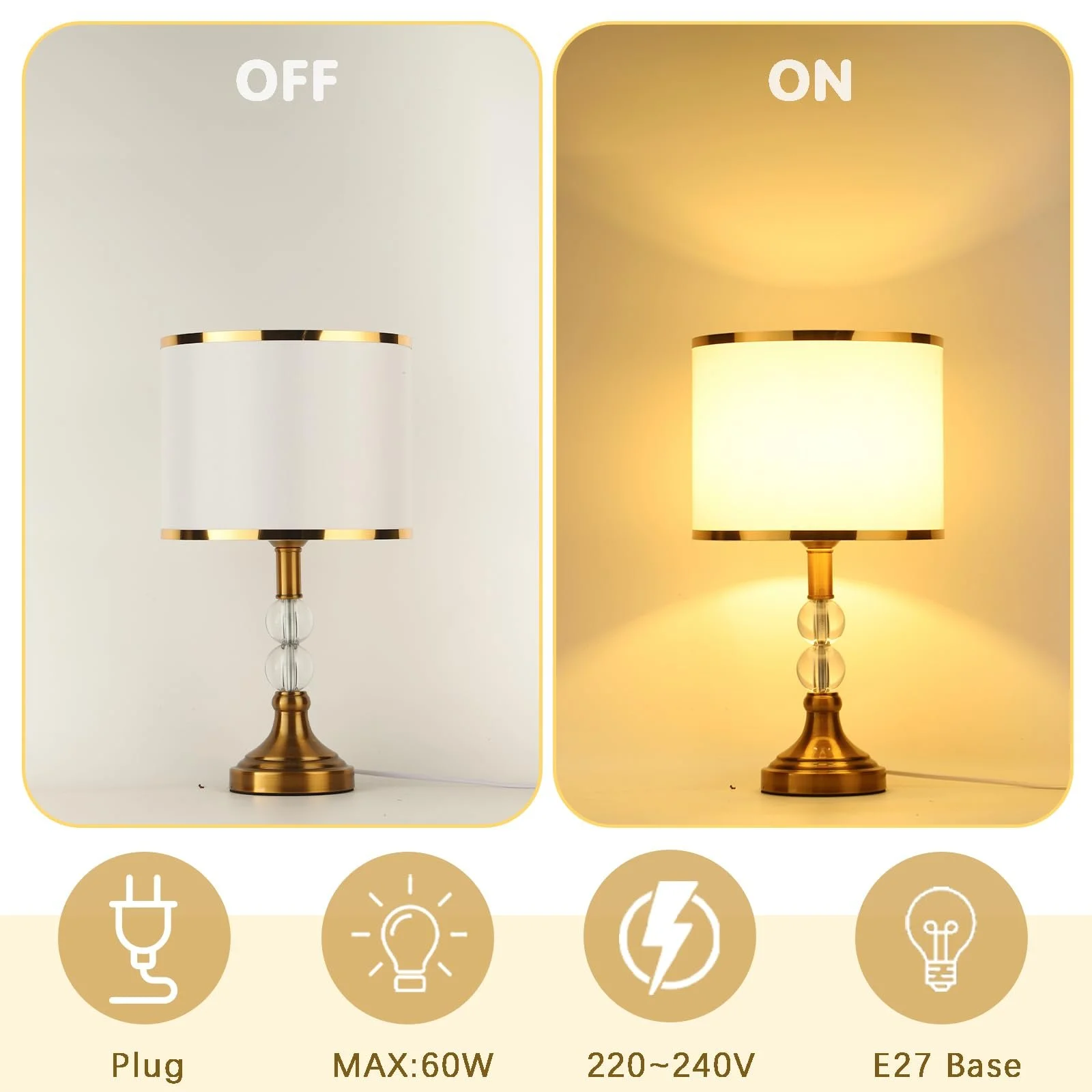 Настільна лампа E27 Crystal Кришталь Тканина Метал 25x47 см Золото з білим, фото №4