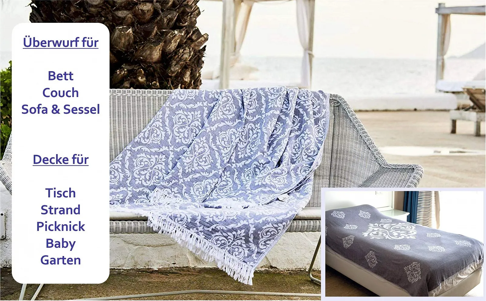 Покрывало Carenesse Baroque Серо-белый, 180 x 220 см, 100% хлопок, двухстороннее, высококачественное жаккардовое плетение, предварительно выстиранное, фото №2