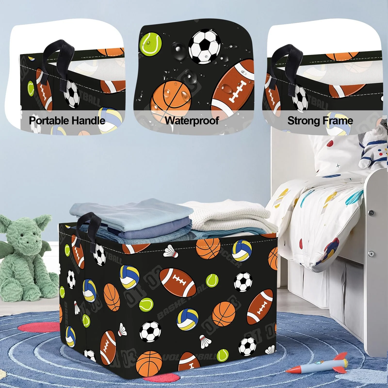 Корзина HUUMONSS Для игрушек в виде спортивных мячей, детская, складная, большая черная, 36 л, фото №4 Корзина HUUMONSS Для игрушек в виде спортивных мячей, детская, складная, большая черная, 36 л, фото №4