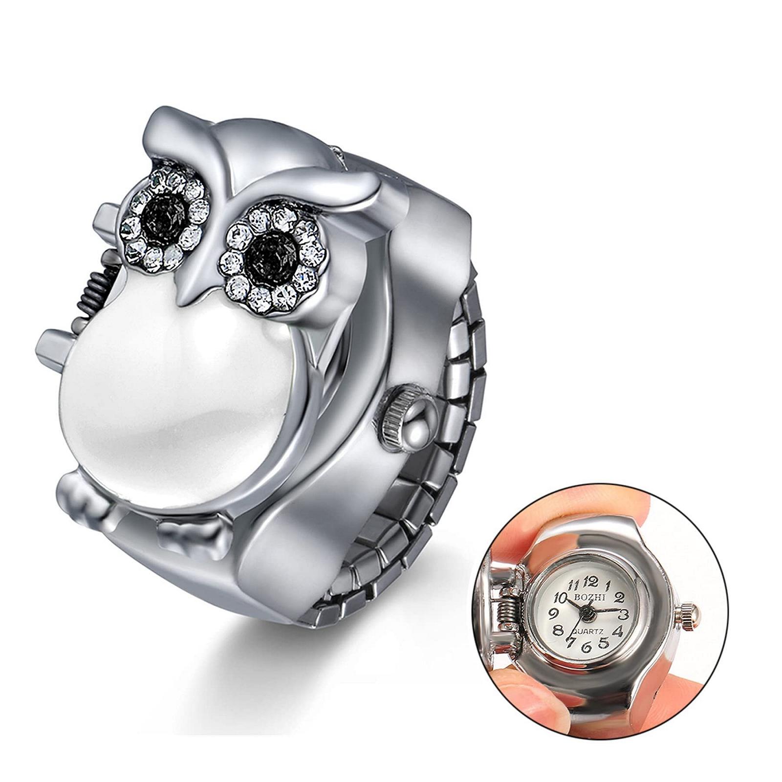 Кольцо-часы JewelryWe Женские Аналоговые Кварцевые Часы-кольцо Эластичное Кольцо из нержавеющей стали Декоративная сова Белый Черный Красный, фото №2