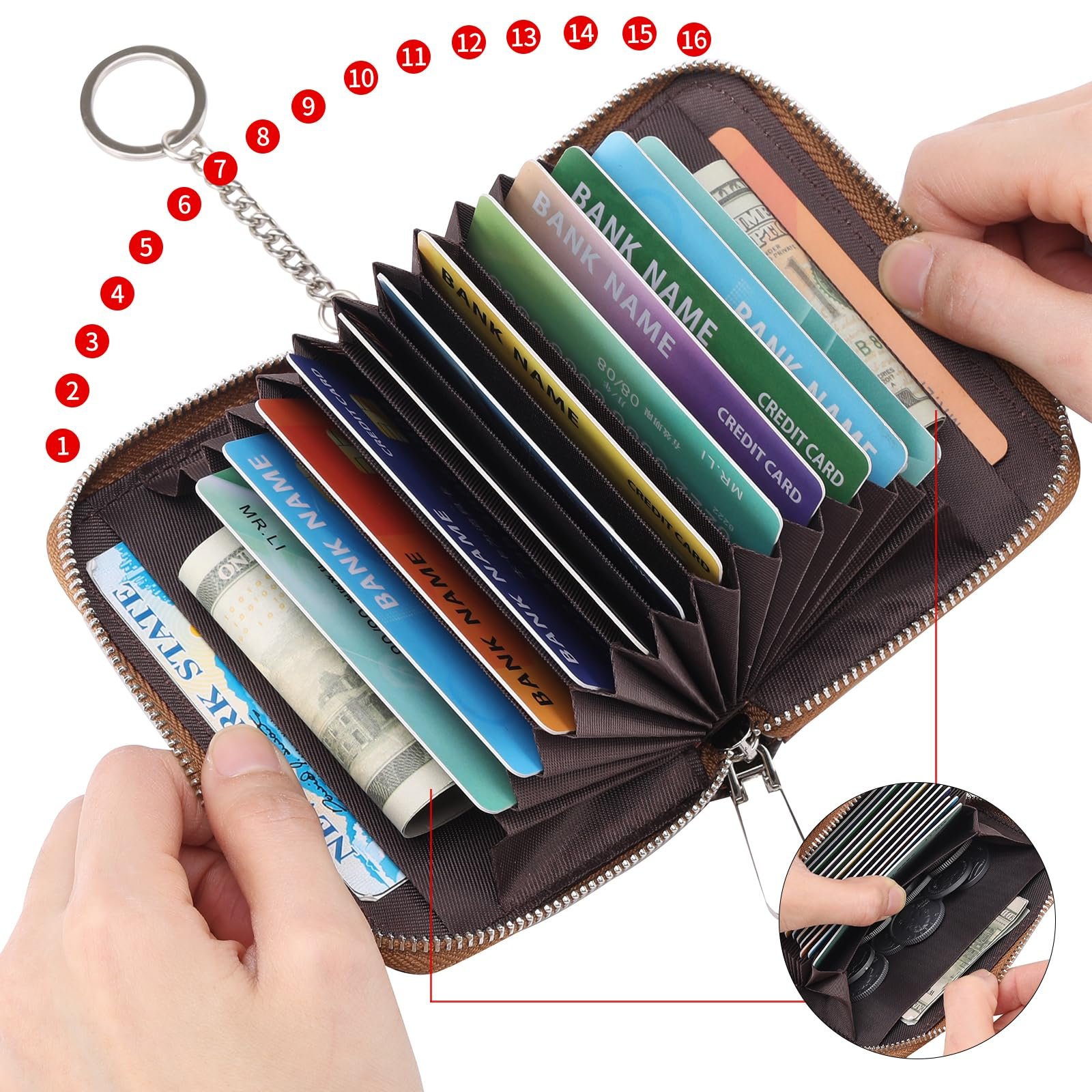 Кошелек SENDEFN Маленький держатель для кредитных карт с RFID защитой 16 отделений кожаный с молнией и кольцом для ключей Коричневый леопард, фото №3