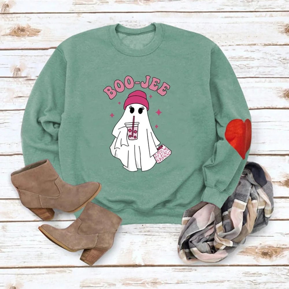 Женский свитшот MLZHAN Boo-Jee Хэллоуин, смешной, розовые привидения, с длинными рукавами, красное сердце, фото №3