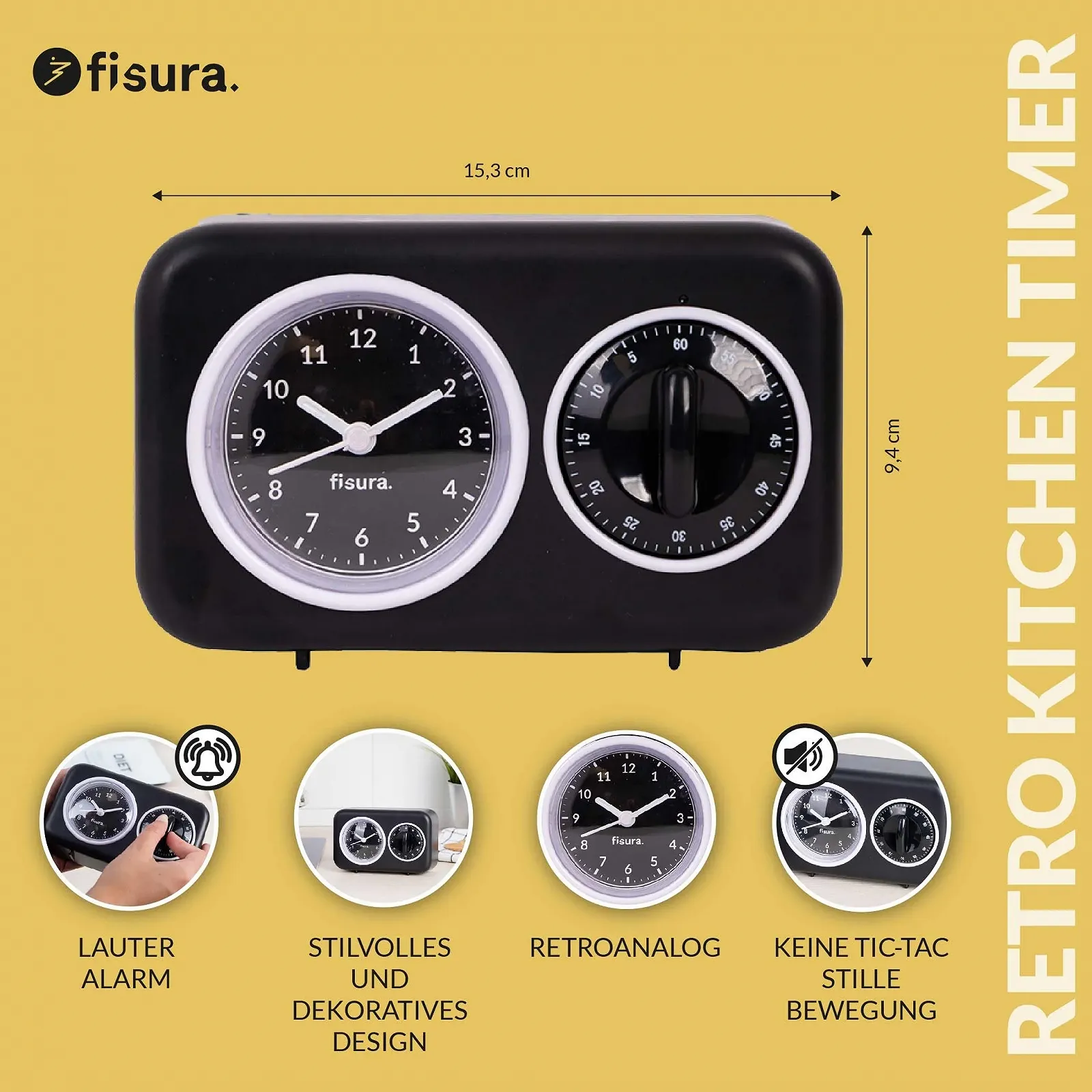 Кухонный таймер Fisura Retro аналоговый 60 минут черный, фото №2 Кухонный таймер Fisura Retro аналоговый 60 минут черный, фото №2