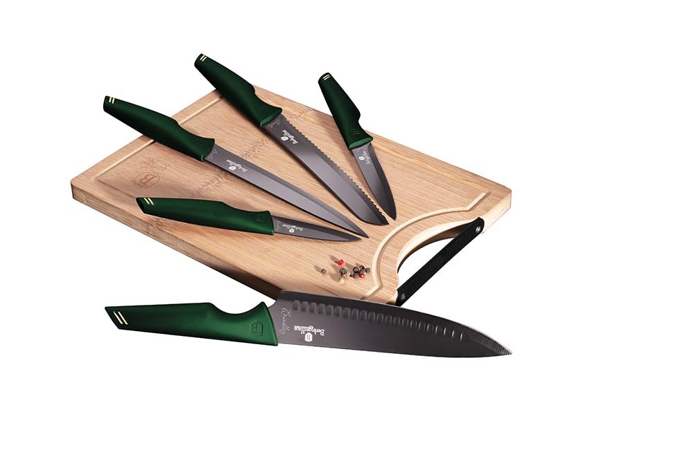 Набір ножів з бамбуковою обробною дошкою Emerald Collection 6 шт., антипригарні, ергономічні, темно-зелений/чорний, фото №1