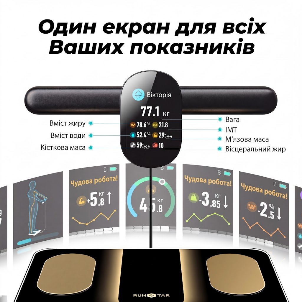 Разумные весы RunStar Smart 8 / с 8 электродами для ИМТ / мышечной массы / 3-метрический дисплей / с 28 показателями и подключением к приложениям, фото №3