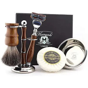 Набор для бритья Haryali London Wooden 5 Blades Синтетический барсук с подставкой, мылом и чашей - Фото 1