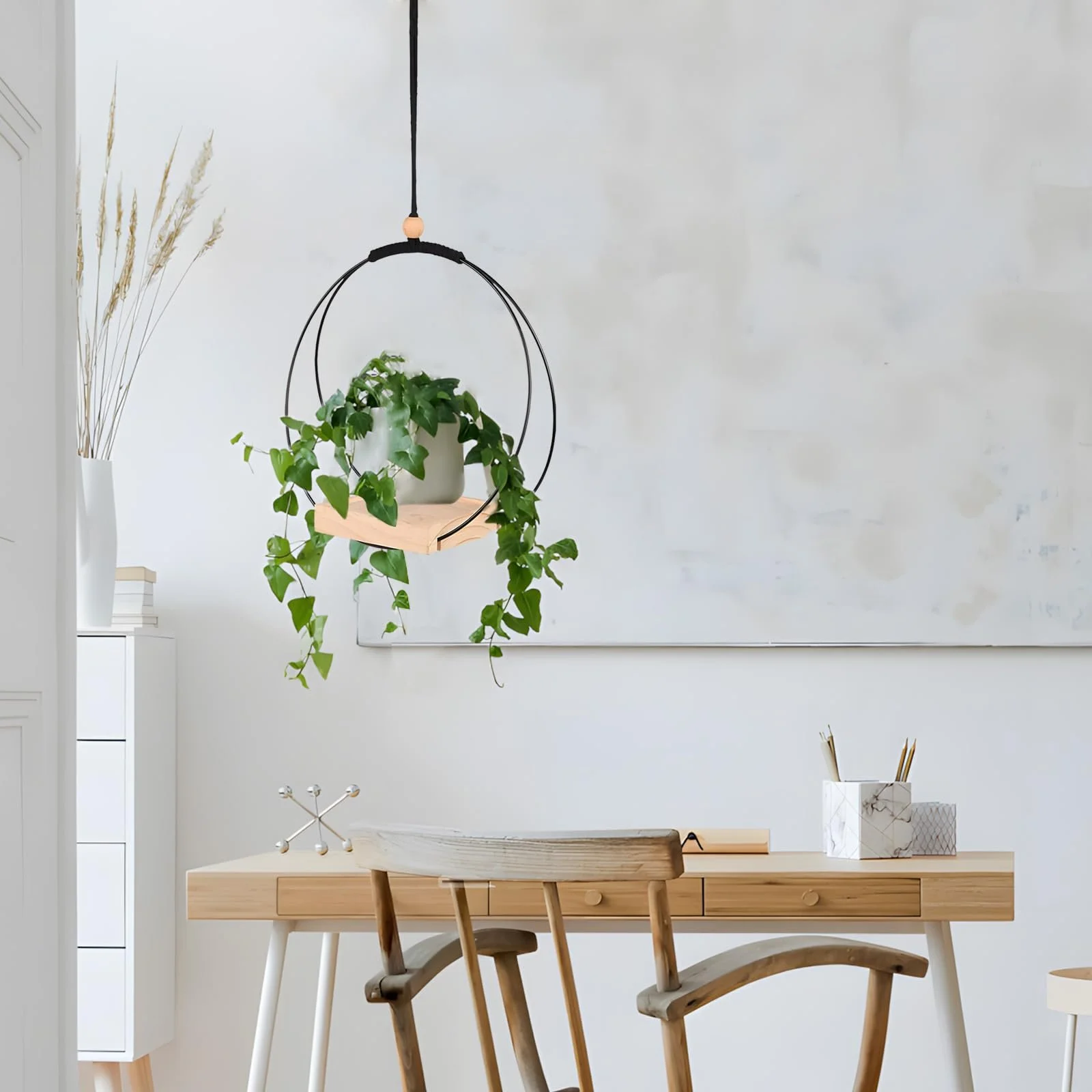 Подвесная корзина SI SEN Деревянное основание Металлический каркас Диаметр 30 см Крючок в комплекте, фото №6