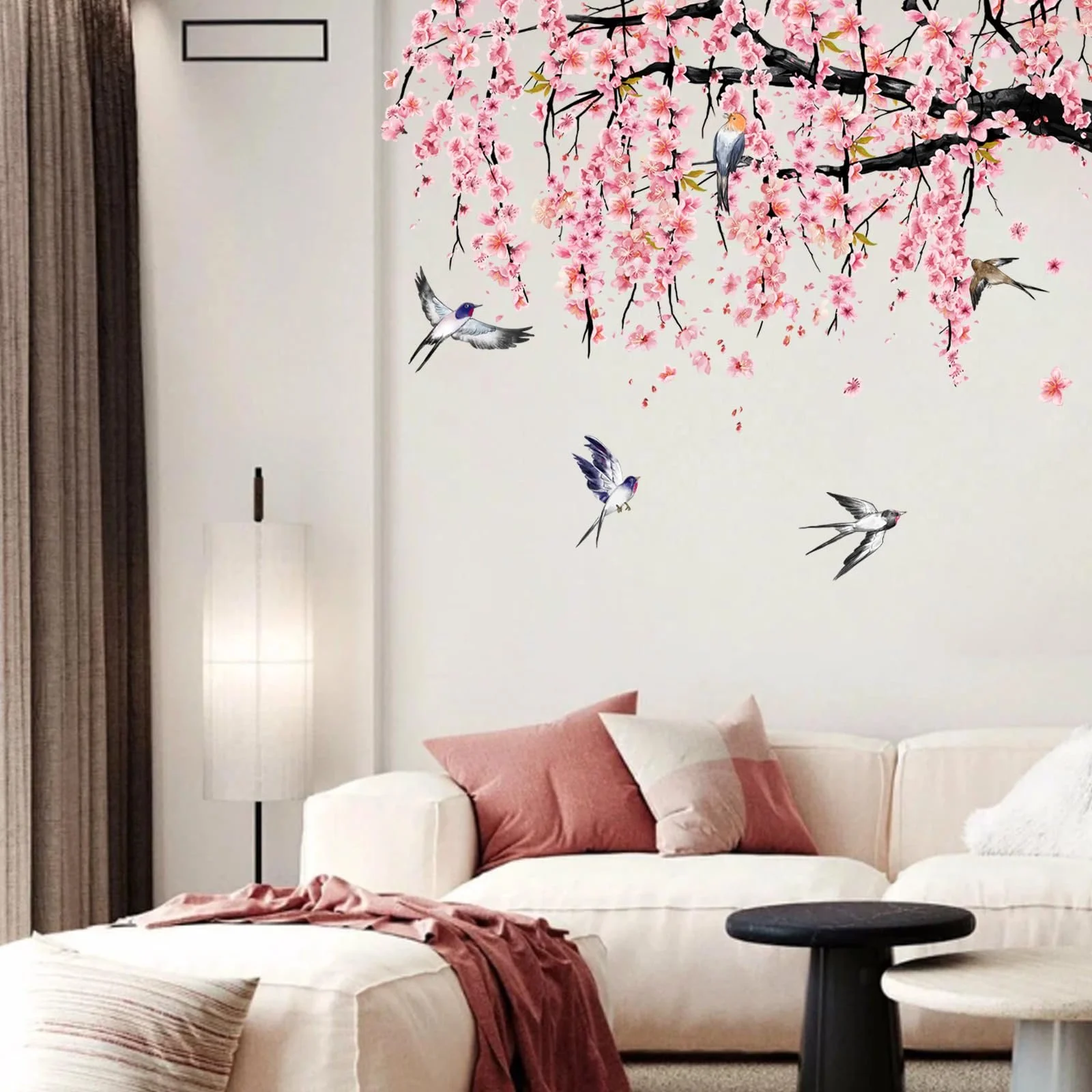 Наклейка на стіну Watercolour Cherry Blossom Birds Pink Tree Branch велика Рожевий, фото №4