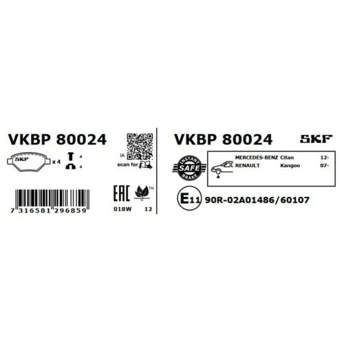 Комплект гальмівних колодок, дискове гальмо SKF VKBP 80024 для MERCEDES-BENZ RENAULT, фото №4