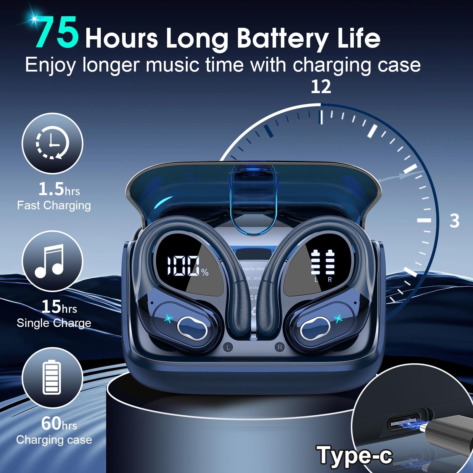 Наушники Переводчик AI, 75 часов работы, с микрофоном, Синий, фото №5