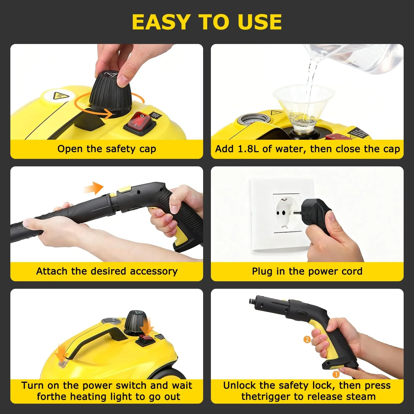 Пароочисник 2000 Вт 5 бар 108 м² 2 л з набором для чищення підлоги та насадками для меблів і килимів, фото №9 Пароочисник 2000 Вт 5 бар 108 м² 2 л з набором для чищення підлоги та насадками для меблів і килимів, фото №9