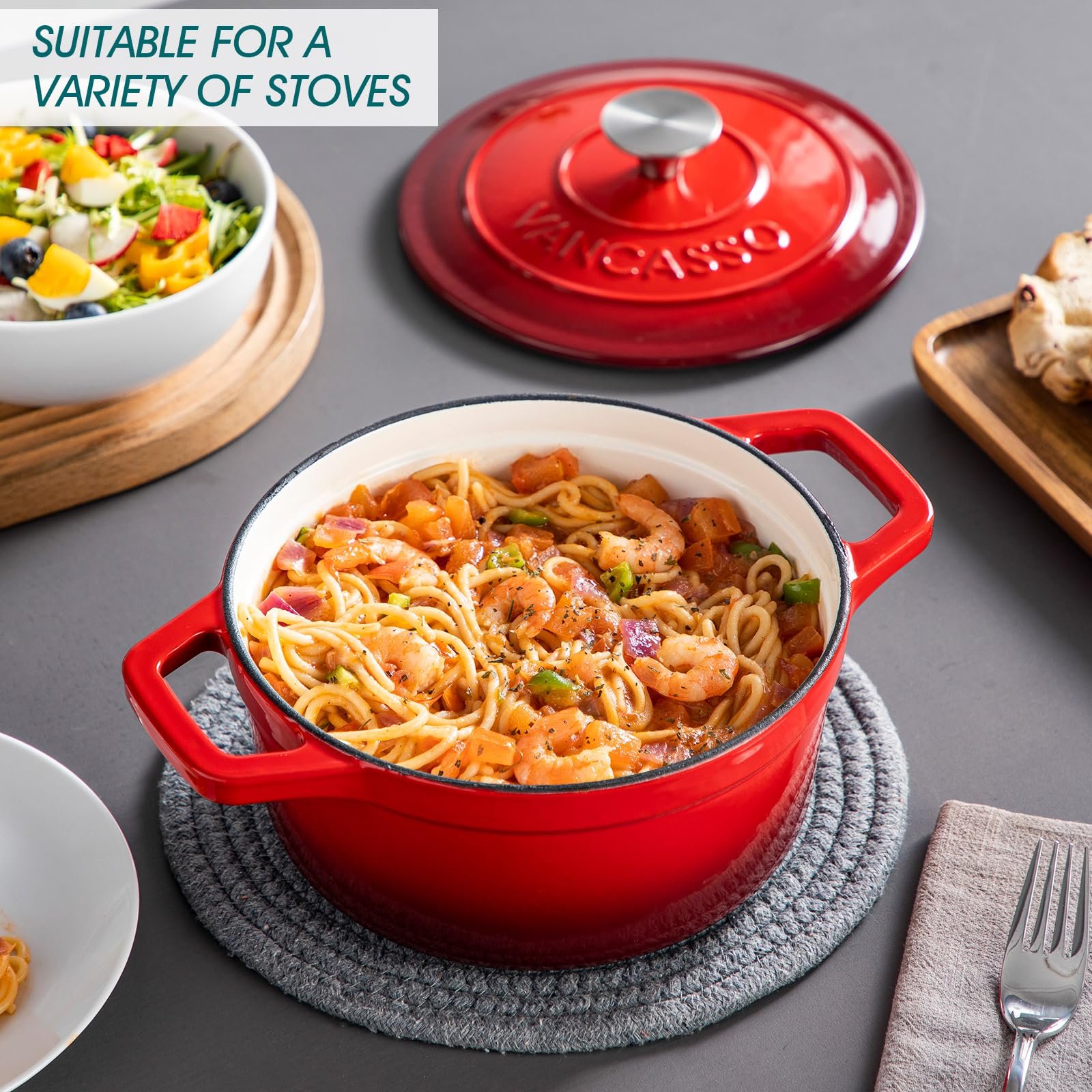 Жаровня vancasso Round емальована чавунна 20 см 2 L червона, фото №4 Жаровня vancasso Round емальована чавунна 20 см 2 L червона, фото №4