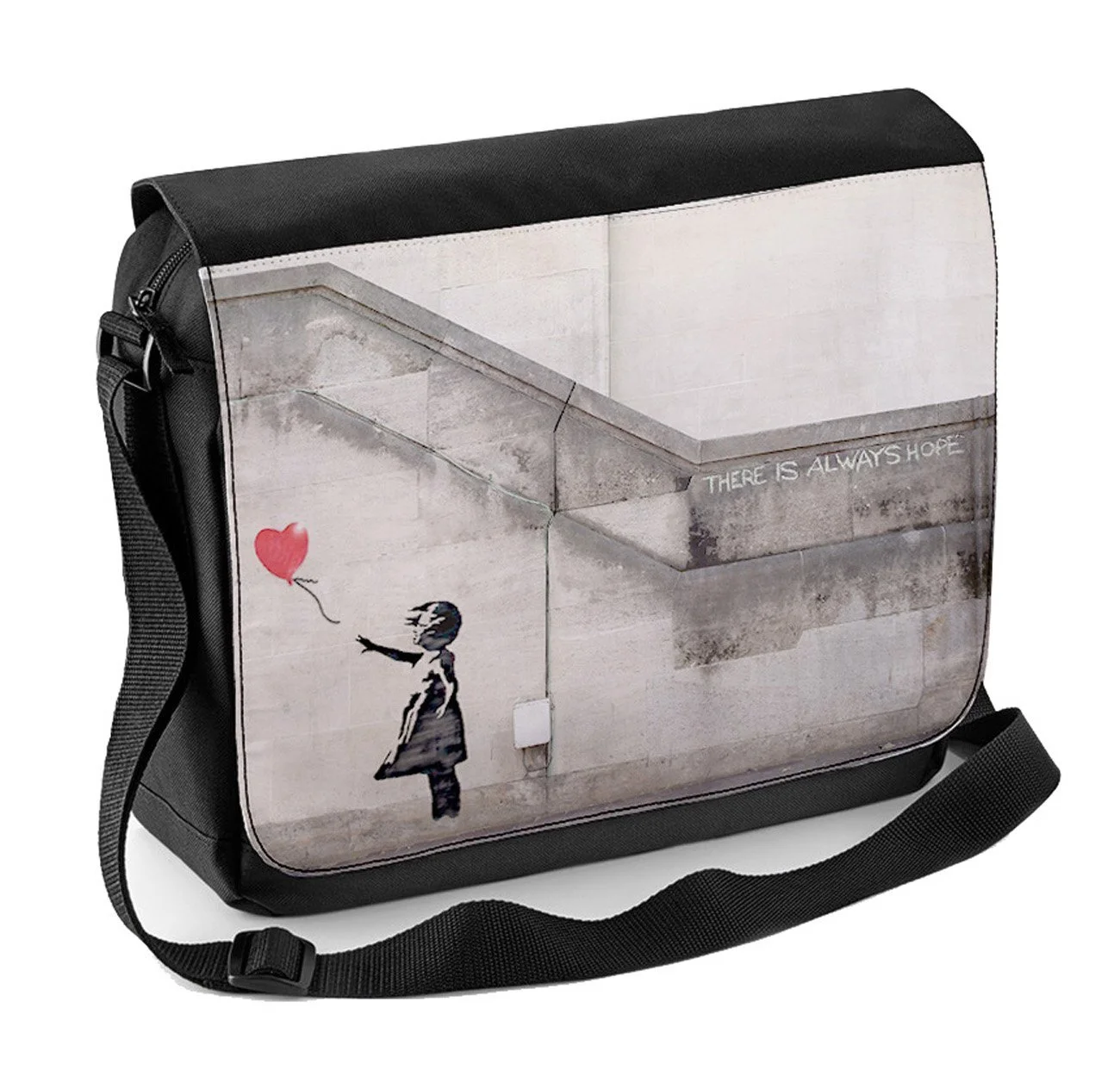 Сумка через плече Tribal T-Shirts Banksy Girl's Heart Balloon для ноутбука, чорно-біла, One Size, чорно-біла, фото №1 Сумка через плече Tribal T-Shirts Banksy Girl's Heart Balloon для ноутбука, чорно-біла, One Size, чорно-біла, фото №1