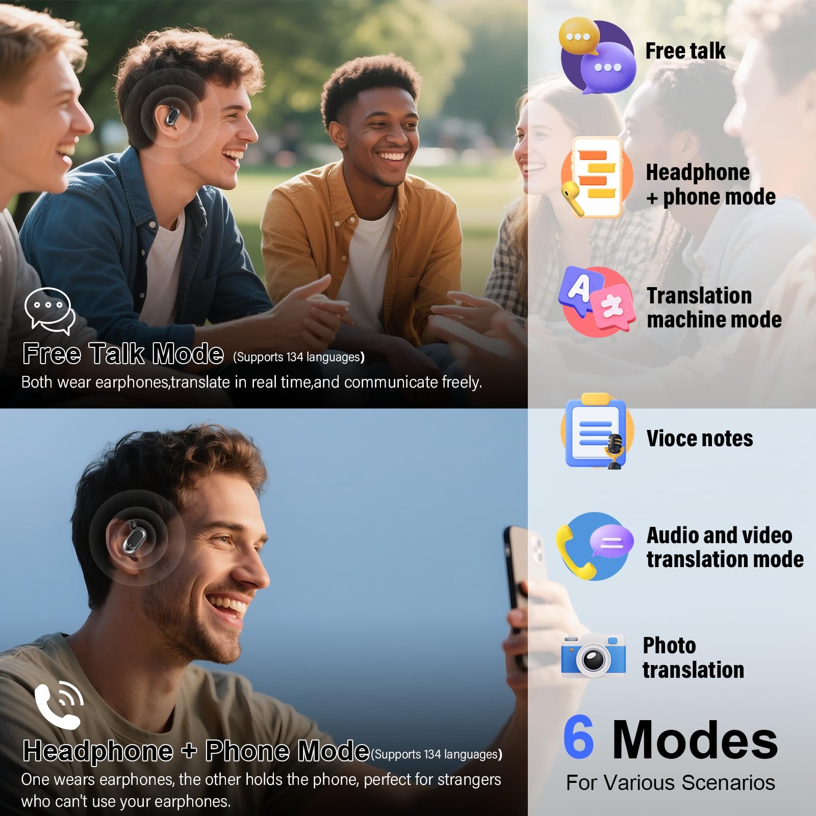 Навушники-перекладач AI, для голосового перекладу в реальному часі 164 мови з додатком, 6 режимів перекладу, фото №3