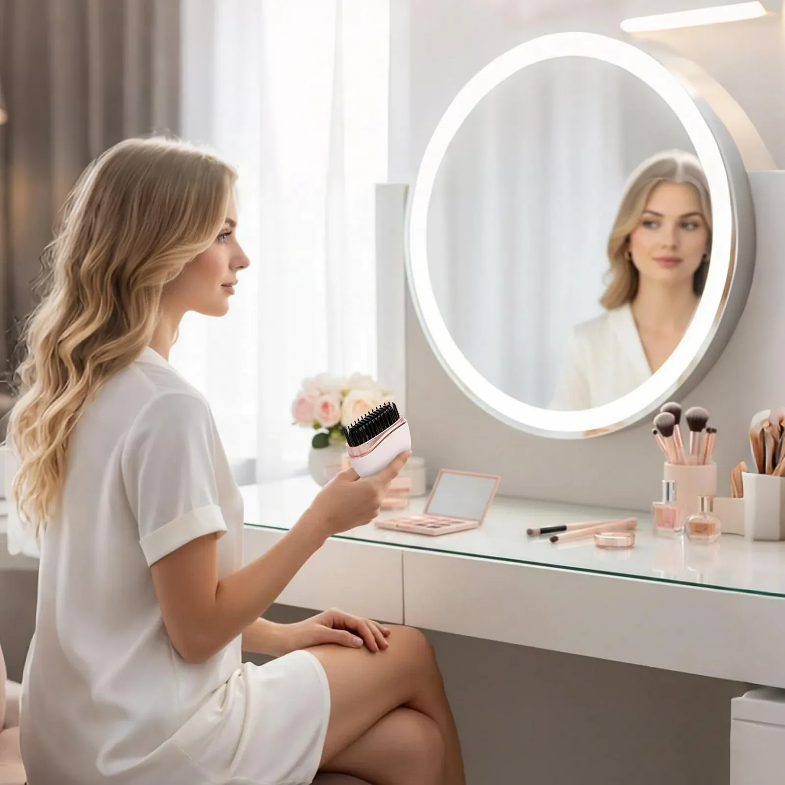 Міні-випрямляч для волосся Mini Hair Straightener Brush 8,5 x 9,5 см акумуляторний з керамічними пластинами, фото №3