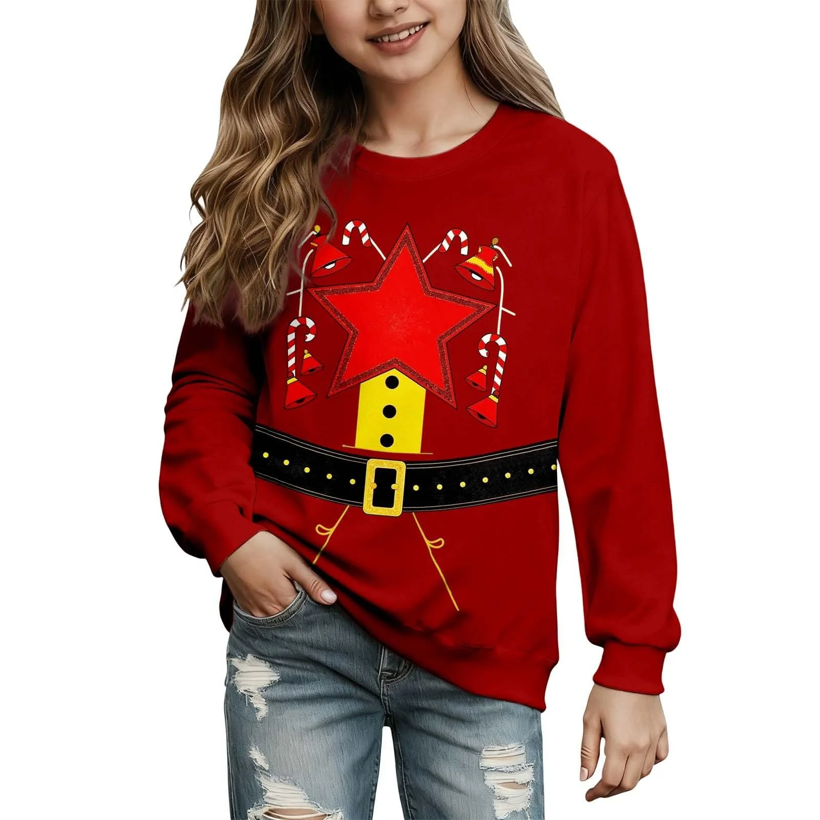 Рождественский джемпер для малышей, детский свитшот с мультяшным принтом, с круглым вырезом для девочек (2-14 лет), фото №1