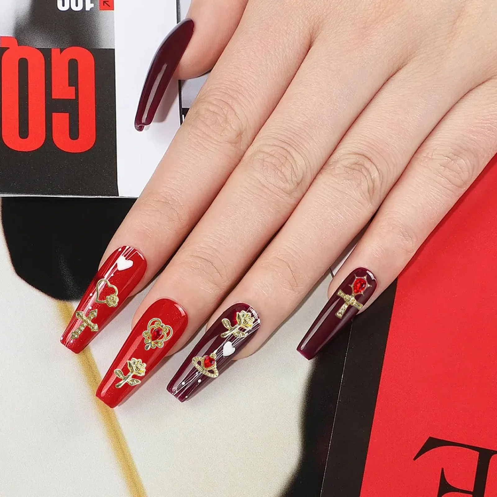 Украшения для ногтей Набор 70 шт Золотые Подвески Крест Роза Сердца Дева Мария, фото №4