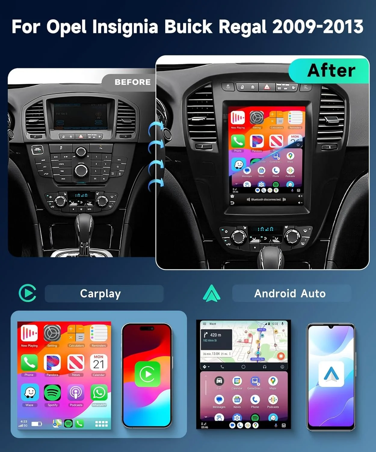 Штатна автомагнітола Podofo для Buick Regal/Opel Insignia 2009-2013 / 9.7" / Сенсорна / 2/32Гб / Android 11 / Apple CarPlay / Android Auto / Bluetooth / WI-FI / GPS / USB, фото №2