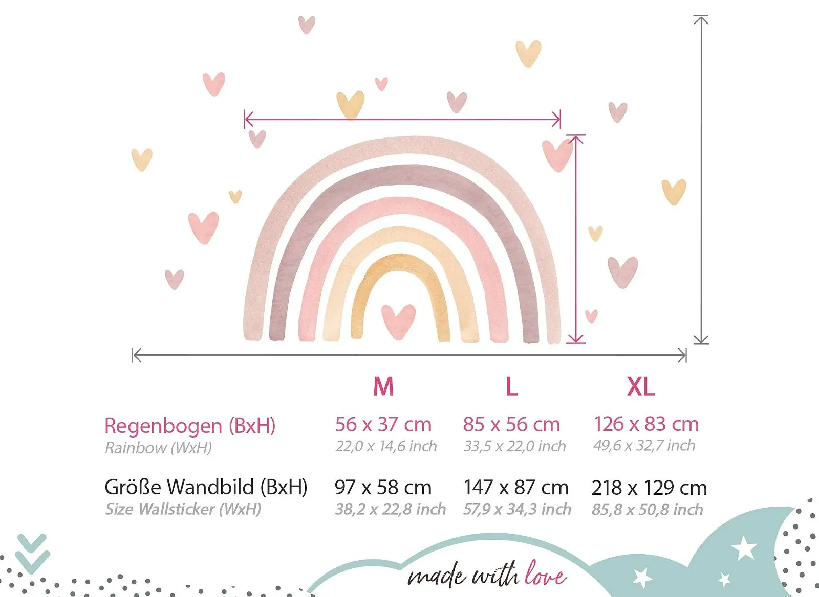 Наклейка на стену Little Deco DL5091 XL Радуга с сердечками Розово-желтая 218 x 129 см, фото №3
