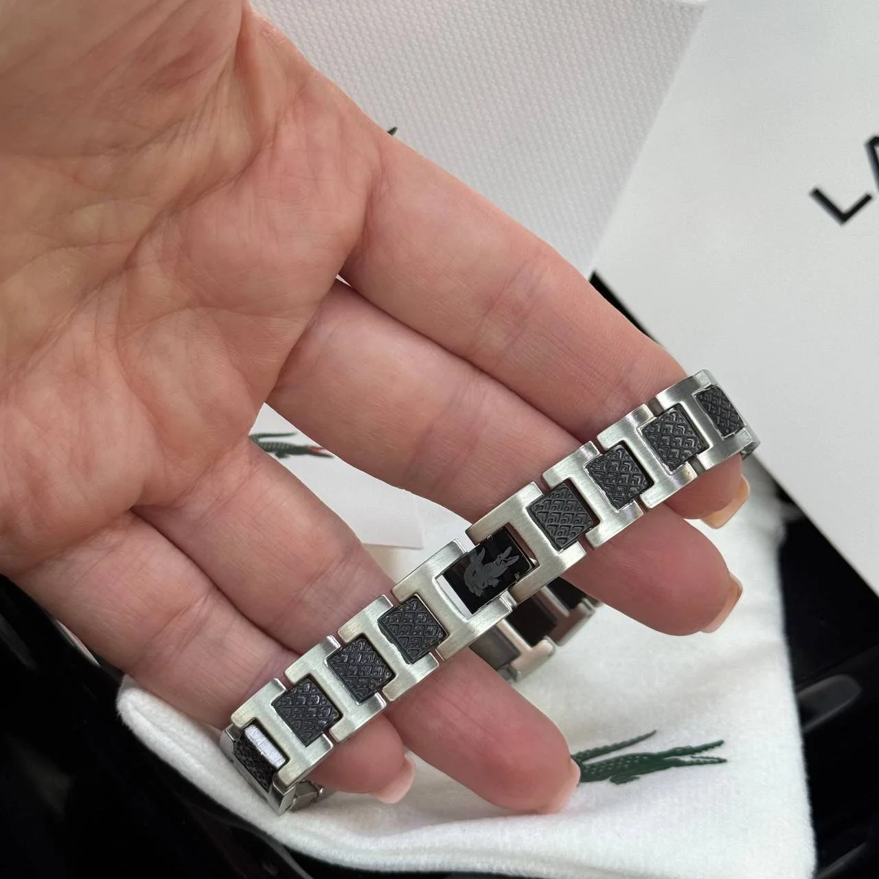 Браслет мужской черный из нержавеющей стали на руку Lacoste, фото №7