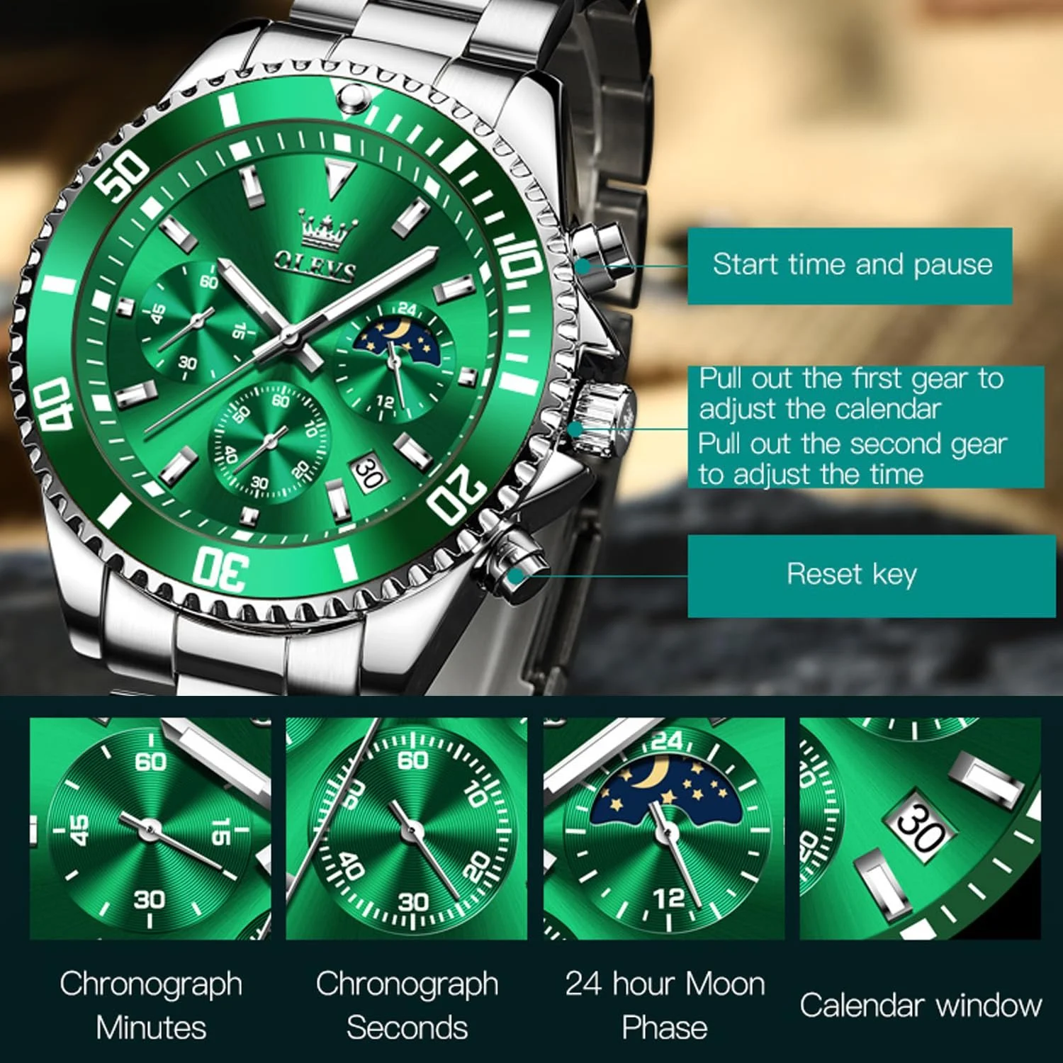 Мужские часы OLEVS Бриллиант Business Quartz 2870-green, Браслет, фото №4 Мужские часы OLEVS Бриллиант Business Quartz 2870-green, Браслет, фото №4