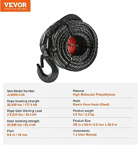 Синтетический лебедочный трос VEVOR JLWR9.5-26 Black цена на synthetic.ua - Фото 1 Синтетический лебедочный трос VEVOR JLWR9.5-26 Black synthetic.ua - Фото 1