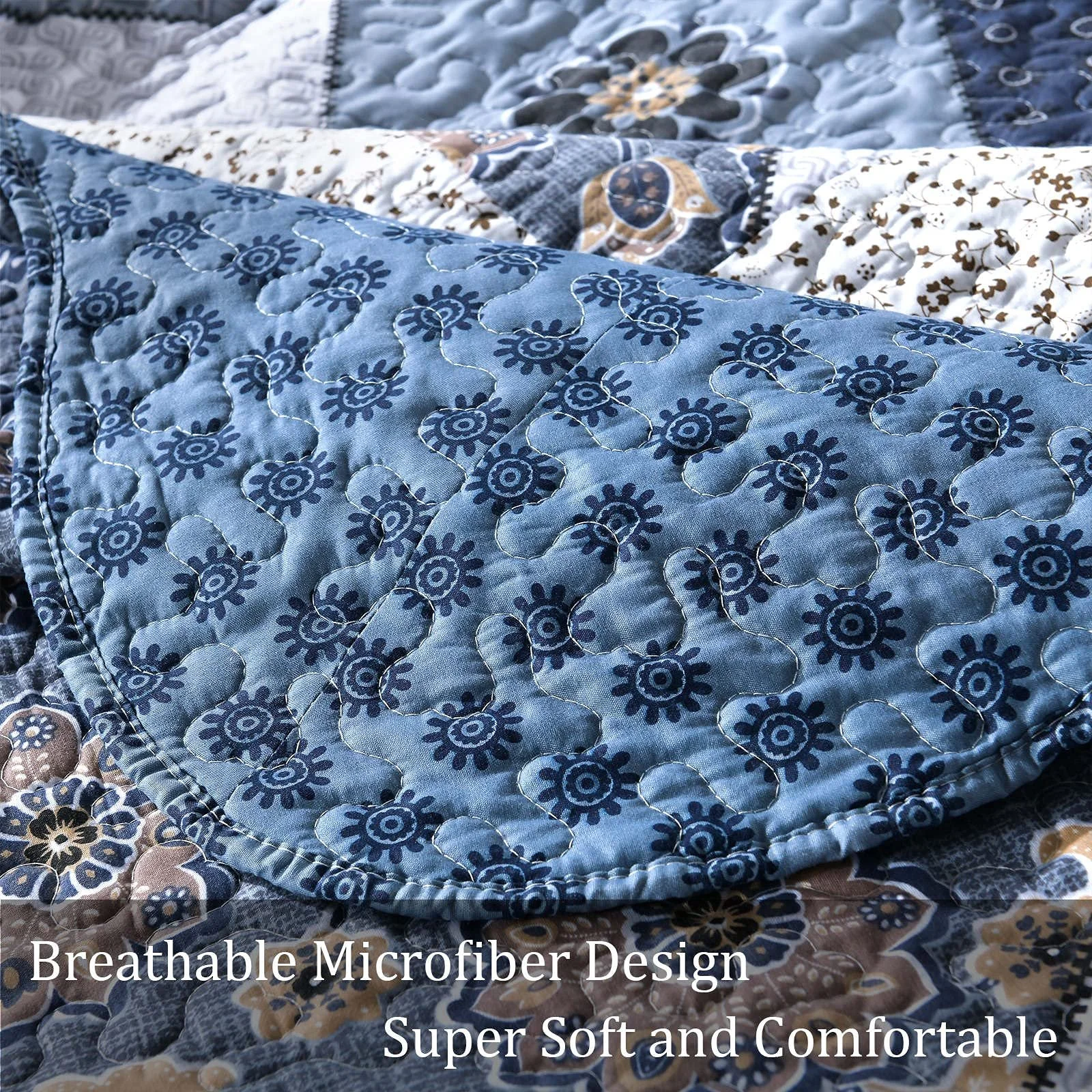 Покривало Qucover 220 x 240 см, стьобане, мікрофібра, тонке зимове, двосторонній дизайн, синій з квітковим візерунком, фото №8