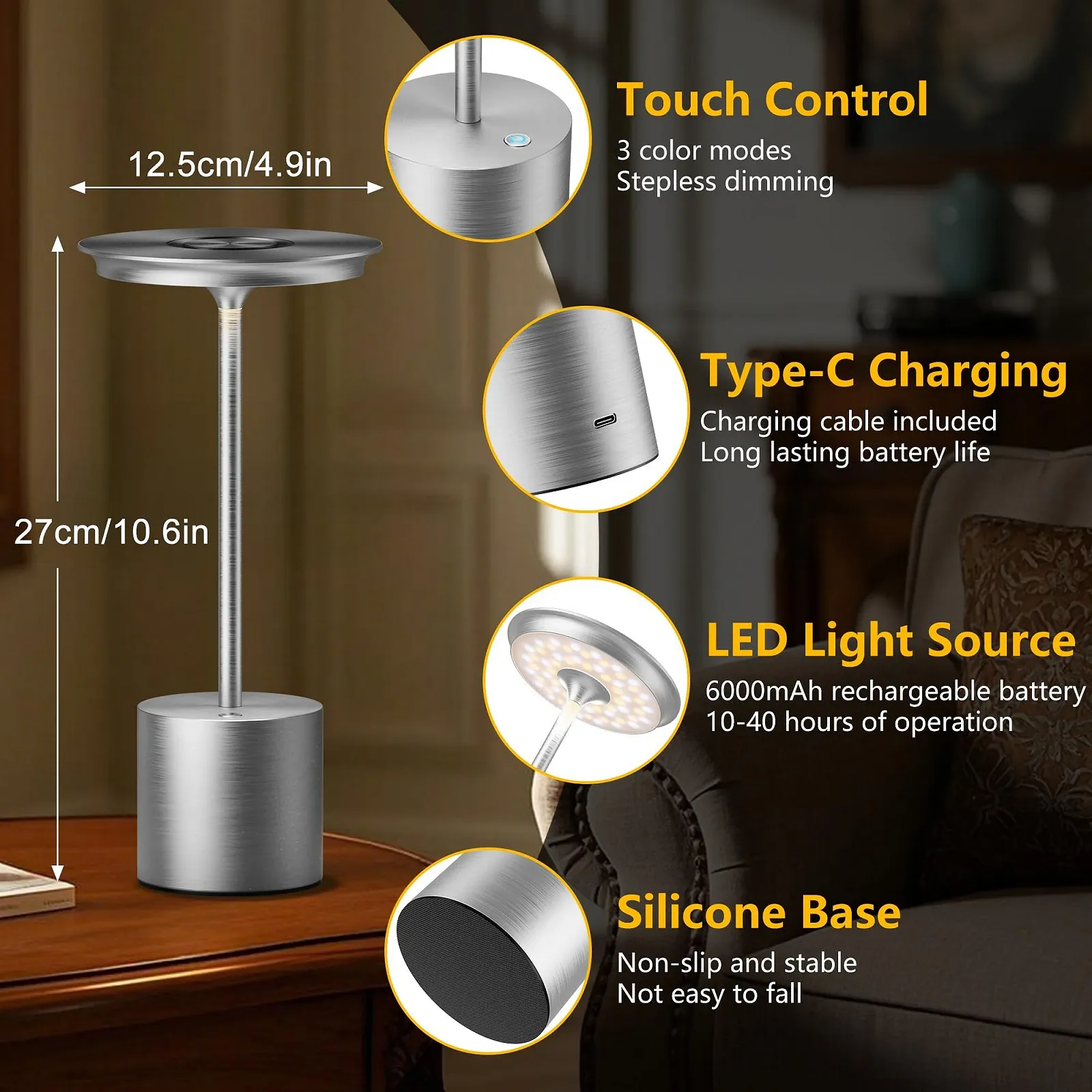 Настільна лампа LED Бездротова 3 колірні температури Діммована IP54 Акумулятор 6000 мАг (Срібляста), фото №5