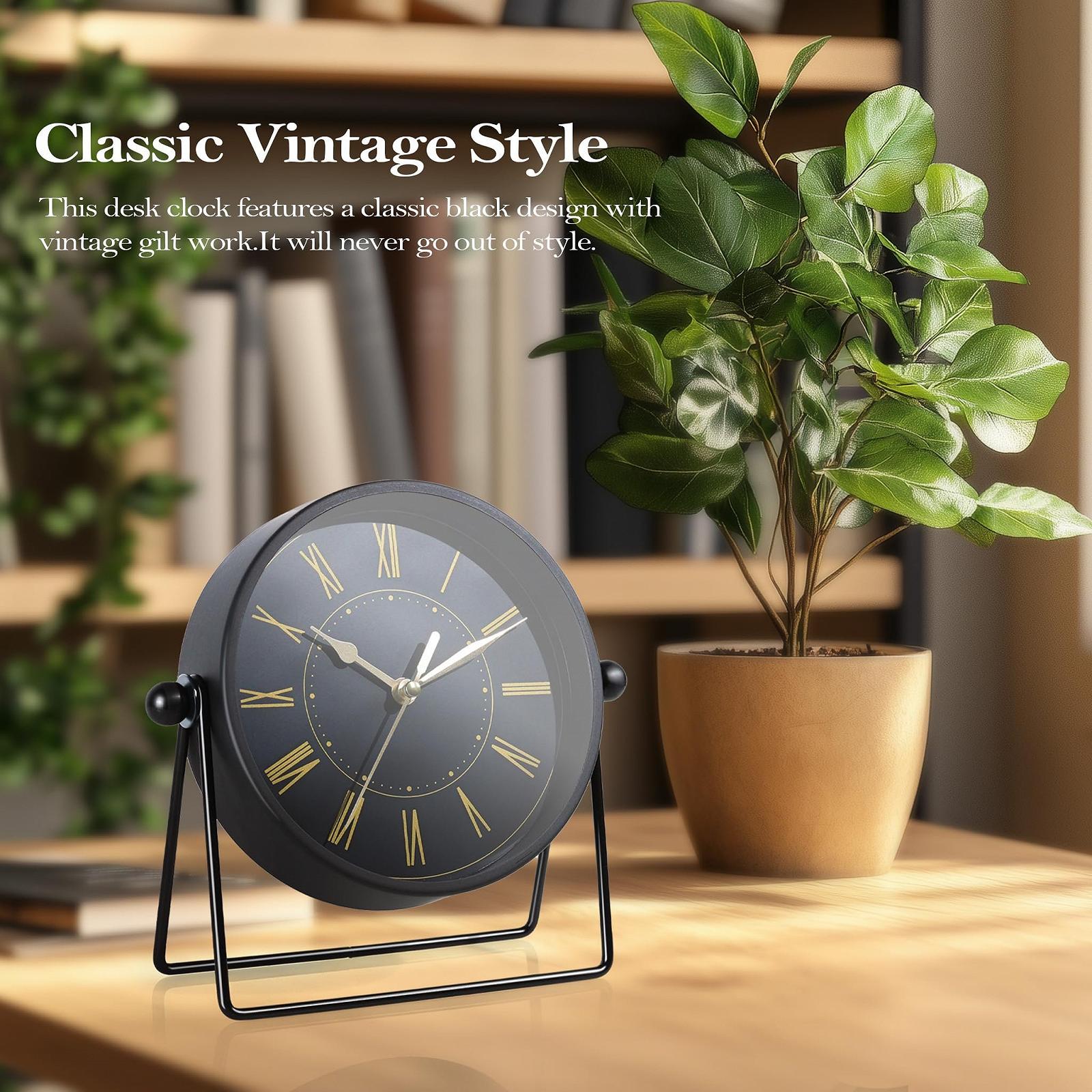 Настільний годинник AYRELY Vintage, металевий, безшумний, з регульованим кутом, ретро стиль, аналоговий, чорний/золотий, фото №5