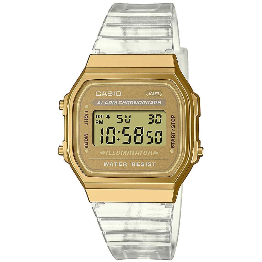 Унисекс Часы Casio A168XESG-9AEF Золотой Цифровой Дисплей, Прозрачный Пластиковый/Полимерный Браслет, 36.00 мм, фото №1 Унисекс Часы Casio A168XESG-9AEF Золотой Цифровой Дисплей, Прозрачный Пластиковый/Полимерный Браслет, 36.00 мм, фото №1