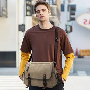 Сумка через плече DEEVORCA Vintage Canvas для ноутбука 17,3 дюйма, хакі synthetic.ua - Фото 1