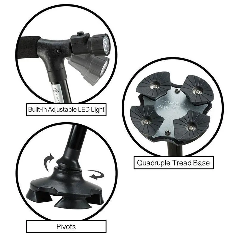 Трость для ходьбы с 4 опорами телескопическая и фонариком Ultimate Magic Cane черная складная, фото №8