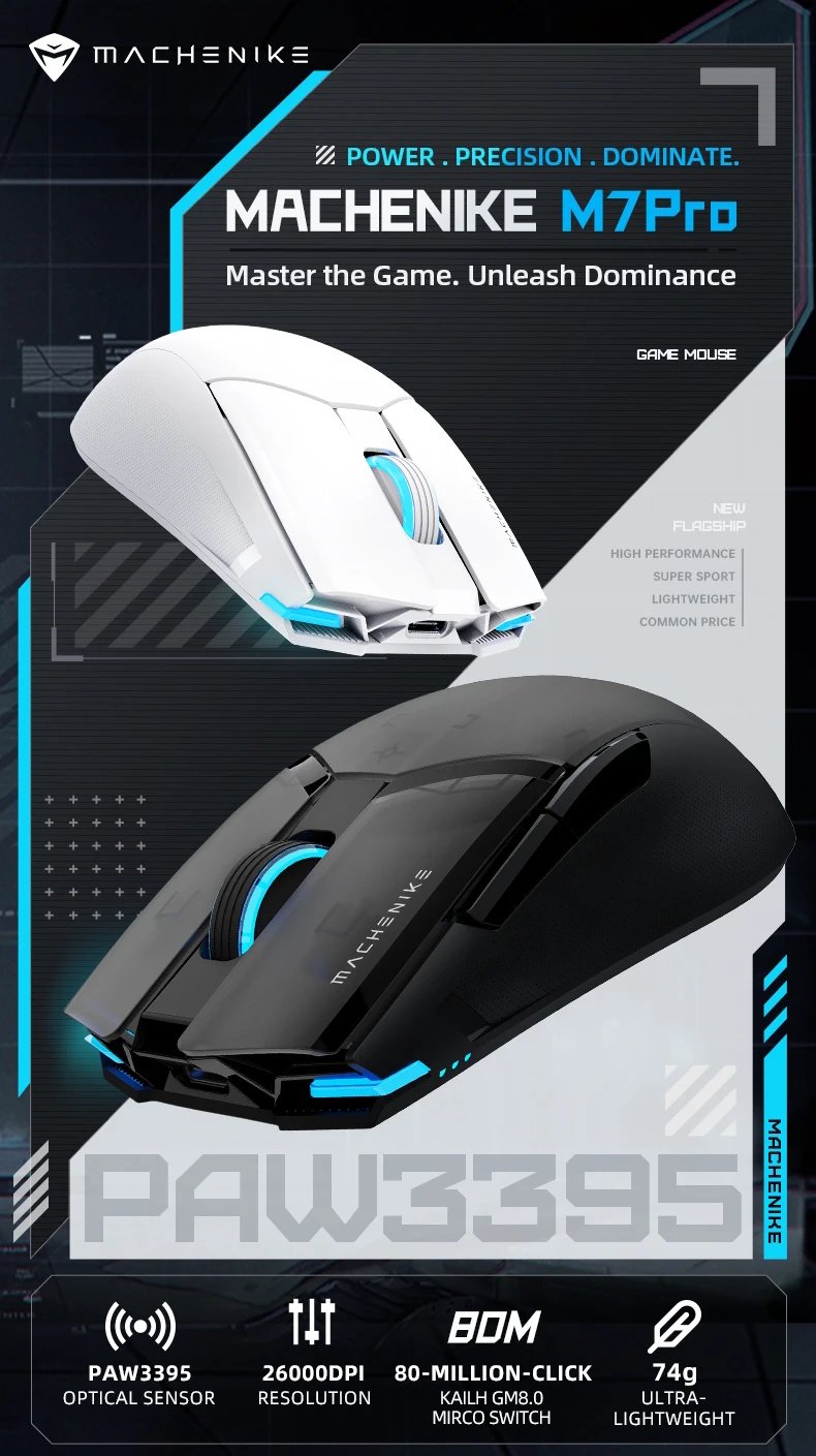 Комп'ютерна миша Machenike M7PRO MAX White PAW3395 26000DPI 1000Hz Wired/2.4G, фото №9