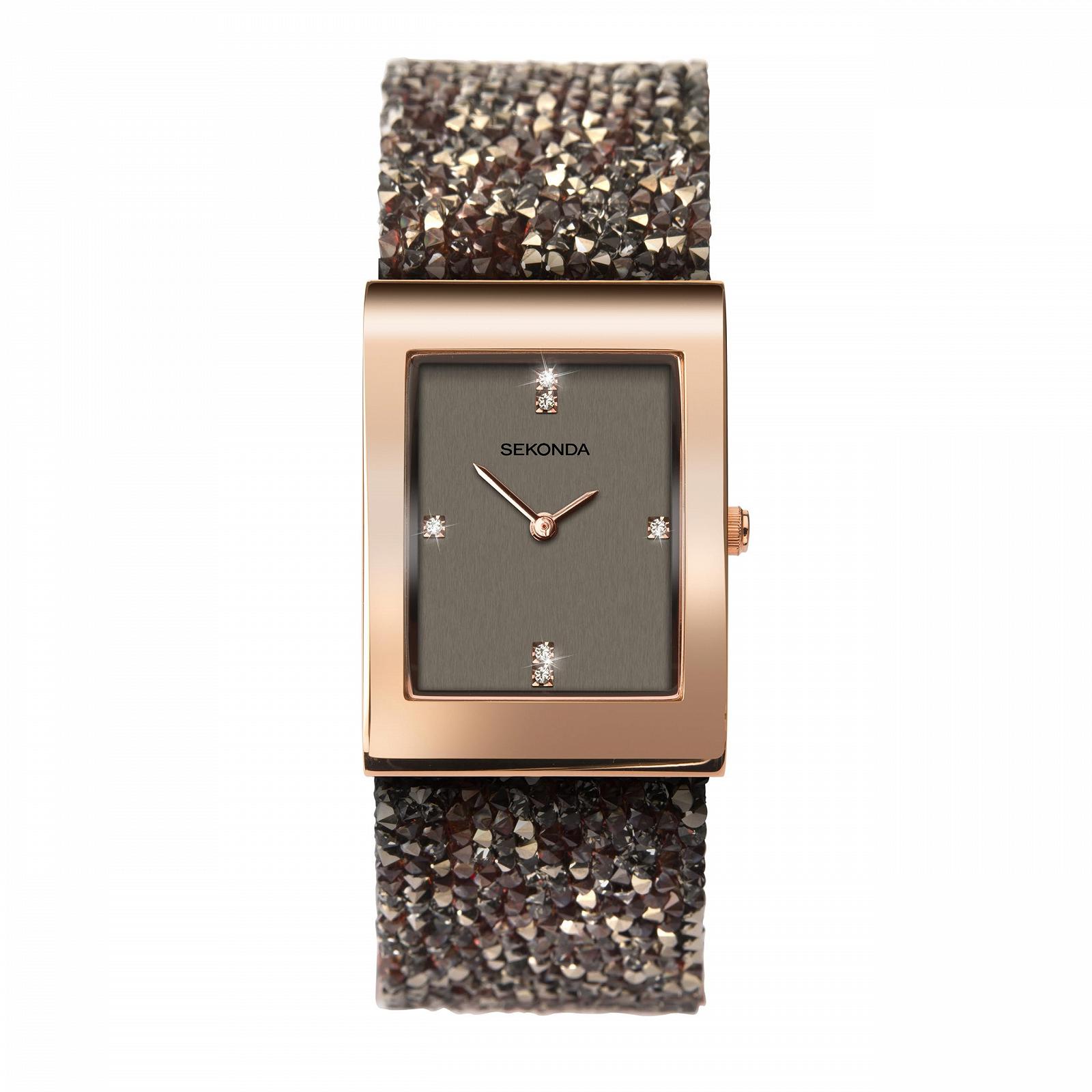 Годинник жіночий Seksy Rocks Колекція Rectangular Dial Браслет з камінням Swarovski (Коричневий-2653), фото №1