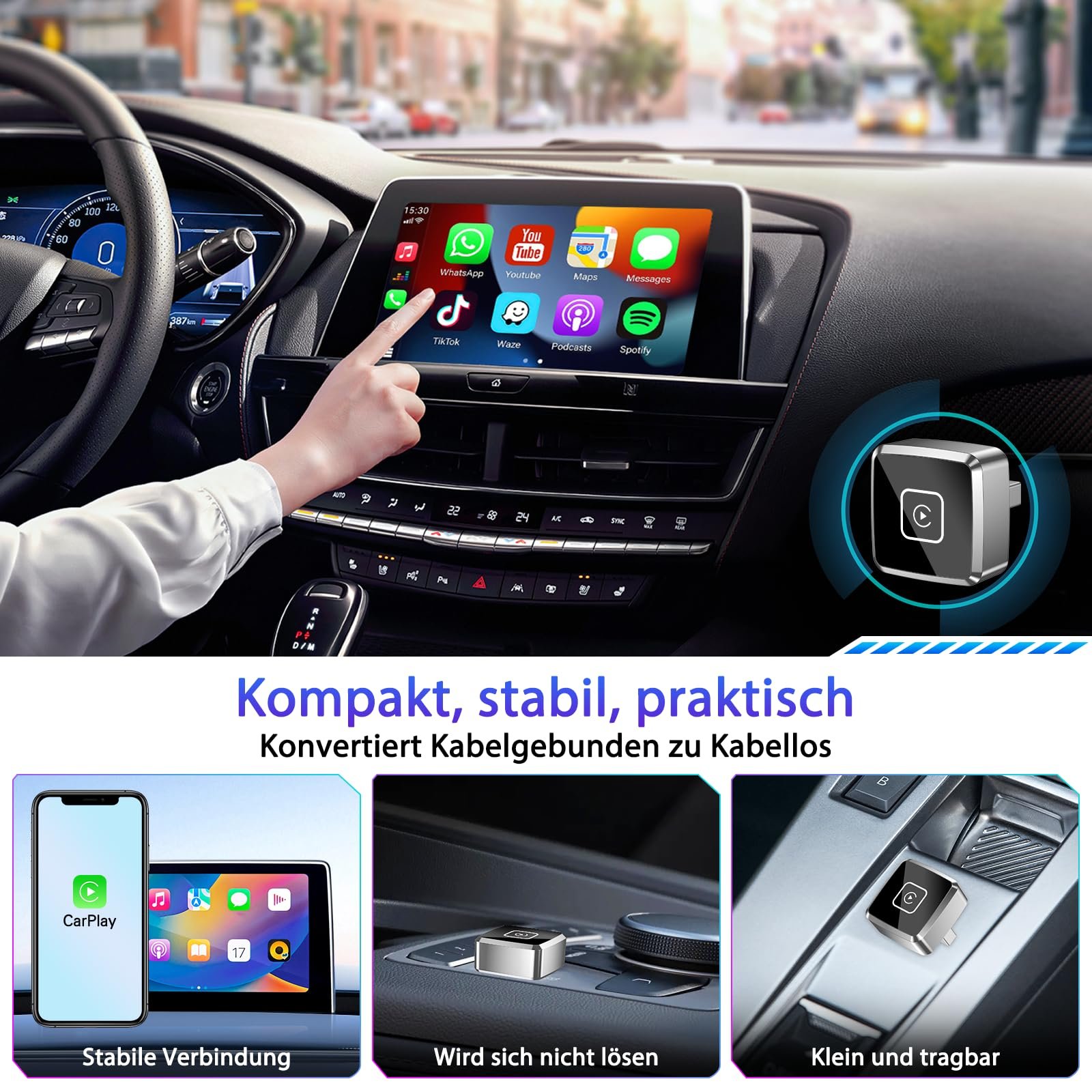 Адаптер CarPlay Беспроводной Mini для Apple, обновление 2025, преобразует проводной CarPlay в беспроводной для iPhone, USB C/A Plug and Play только для iOS 10+, фото №2