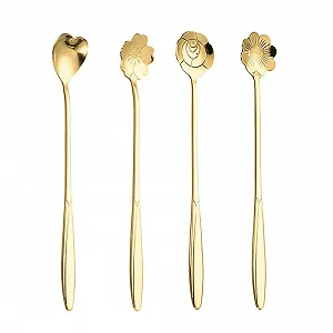 Набор ложек из нержавеющей стали 4 креативные длинные ложки с узором вишневого цвета и цветочным узором, золотые кофейные ложки - Фото 1