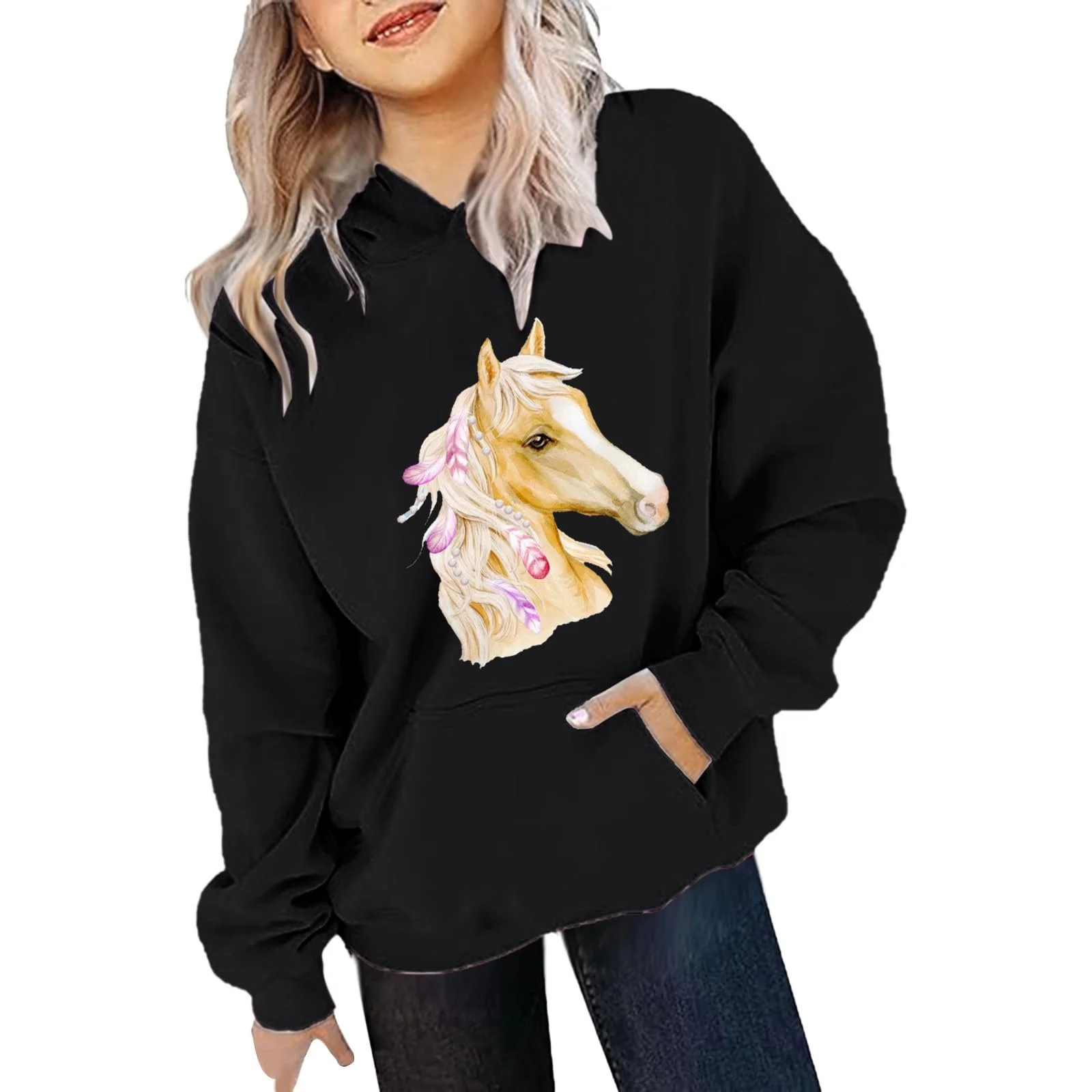 Худі з довгим рукавом з принтом коня, фото №2