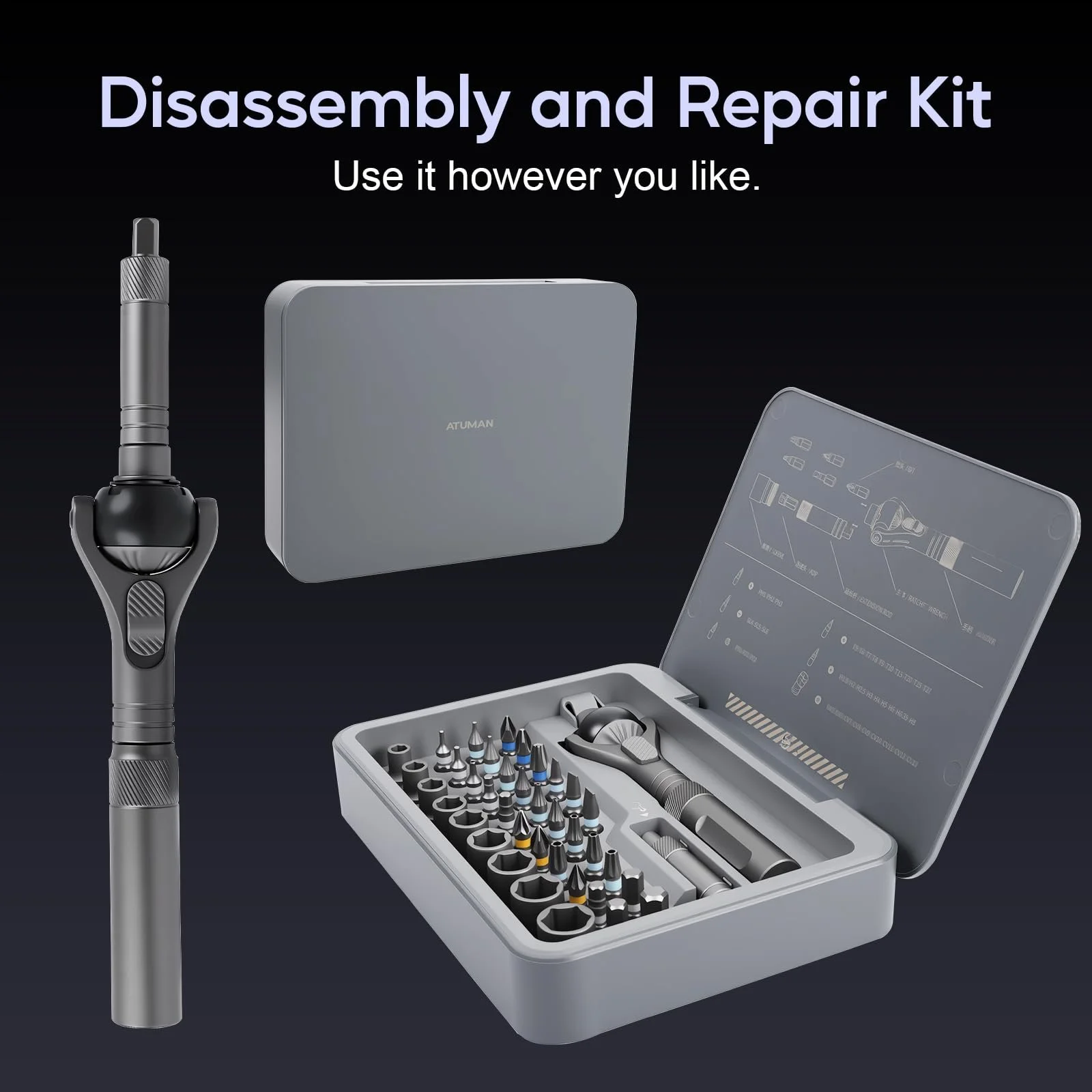 Набір магнітних реверсивних викруток Saker Tool 40 в 1 з кульовим шарніром 180° та бітами S2 для електроніки, фото №3