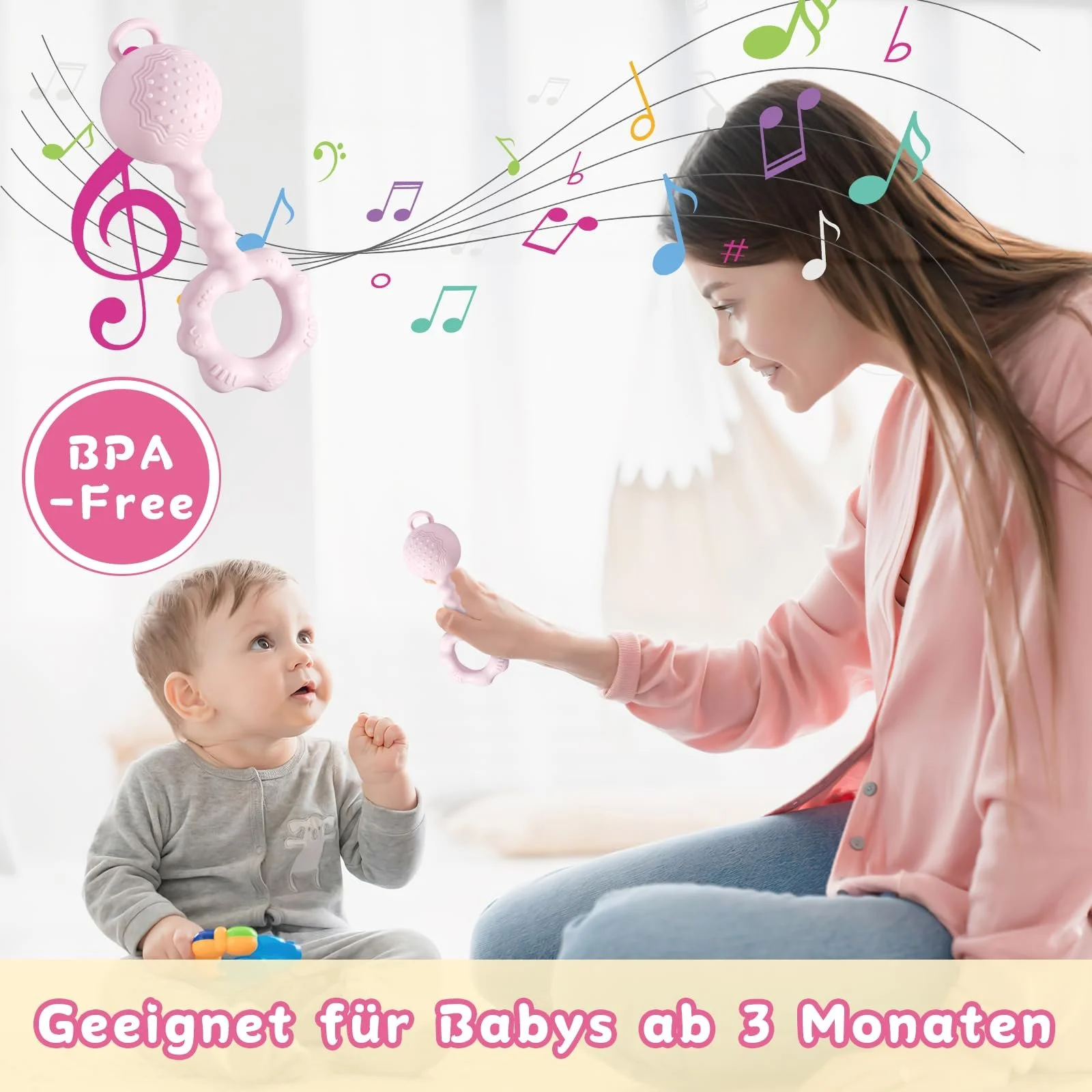 Брязкальце Tikplus Montessori Кільце-прорізувач для немовлят 0-6 місяців, Силіконова іграшка для захоплення, Рожевий, фото №4