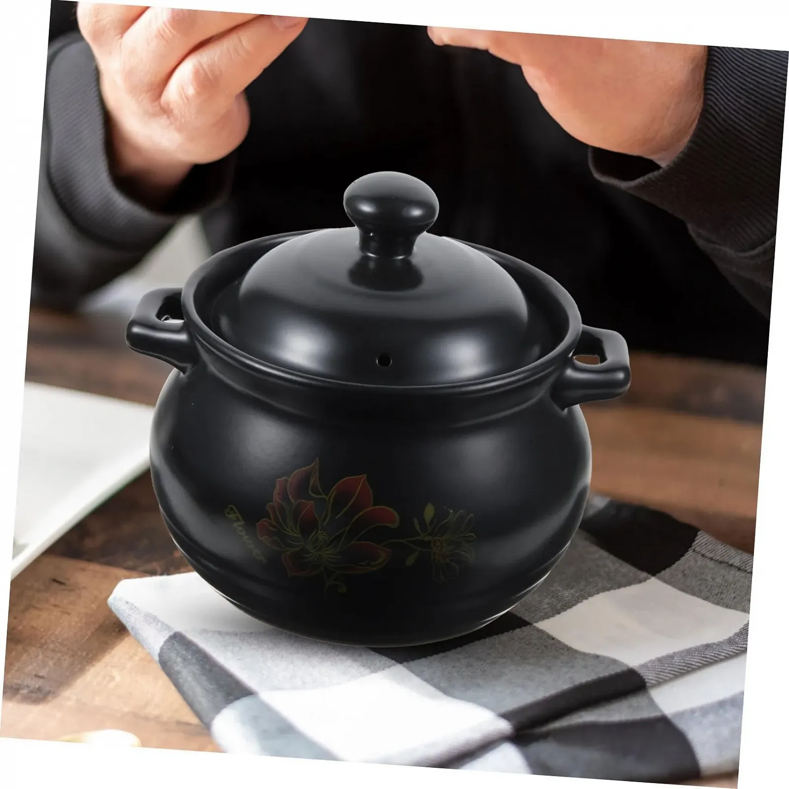 Каструля керамічна INOOMP Black Flower Decoration Чорна, фото №7