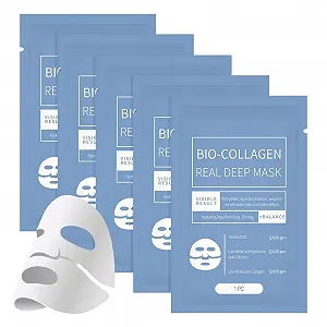 Маска для лица с коллагеном Pack of 5 для глубокого увлажнения, маска с коллагеном, ночные увлажняющие тканевые маски для сияющей кожи и эффекта сияния - Фото 1