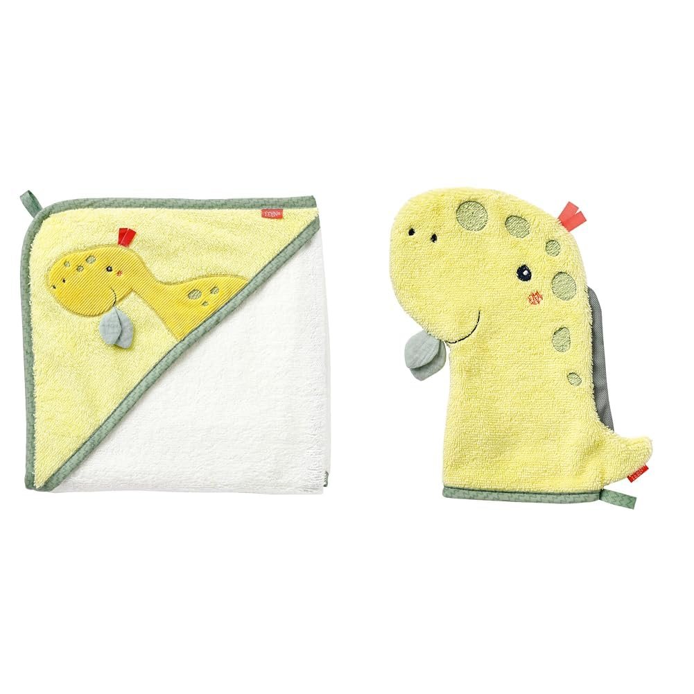 Рушник для ванни Fehn Baby Dino дитячий пончо, махрова тканина та серветка Dino Wash Mitt з мотивом, фото №1