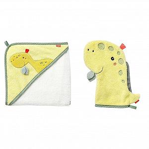 Рушник для ванни Fehn Baby Dino дитячий пончо, махрова тканина та серветка Dino Wash Mitt з мотивом - Фото 1