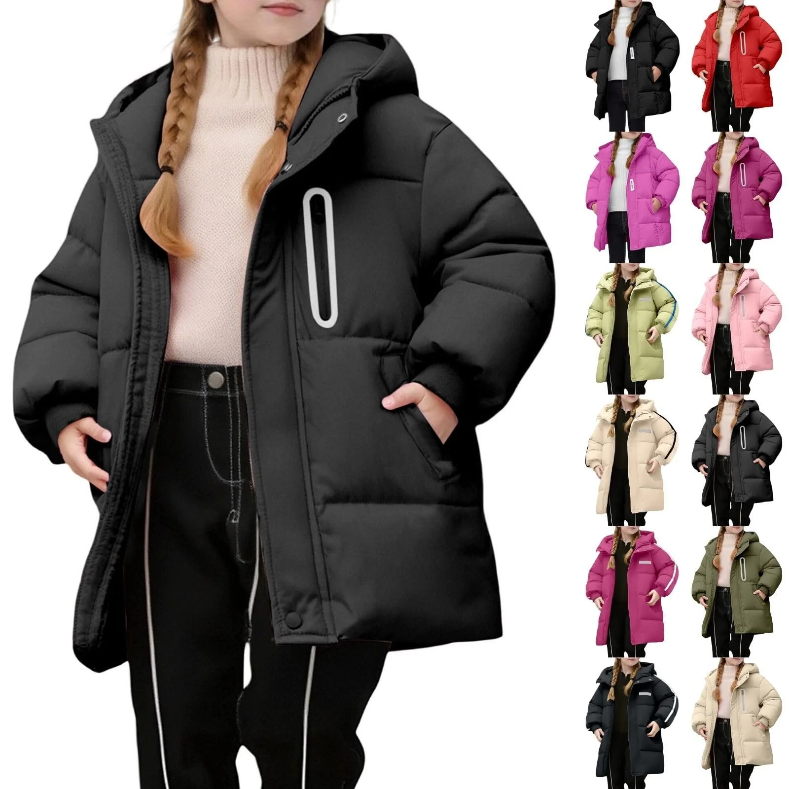 Зимняя Куртка Пуховик для Девочек Средней Длины Зимнее Пальто Теплая Легкая с Капюшоном и Карманами Квилтовая Куртка Толстовка для Мальчиков Однотонная Удобная Куртка с Капюшоном Ветрозащитная Пуховая Куртка Переходная Куртка, фото №1