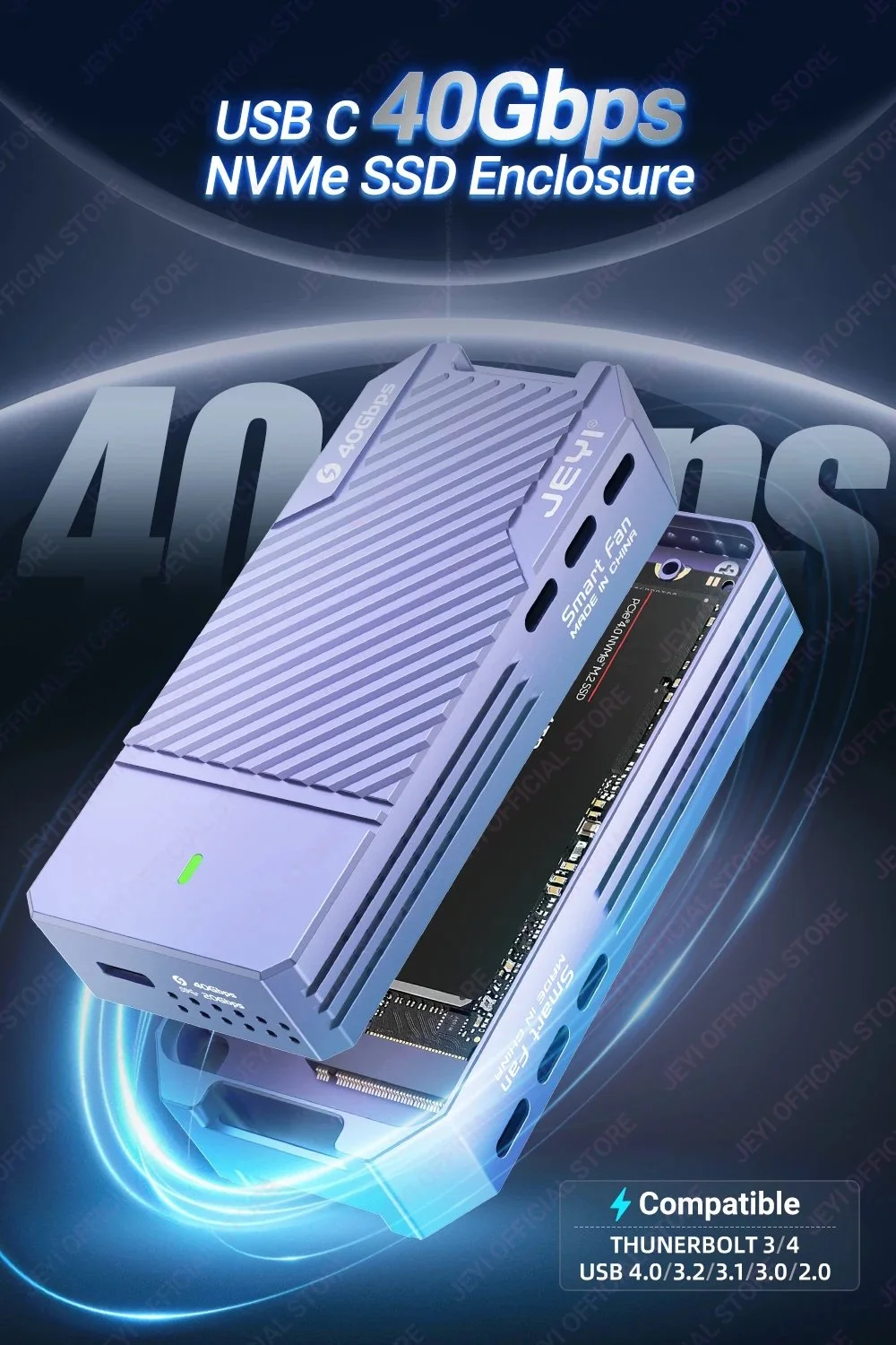 Внешний карман JEYI Fan 40Gbps M.2 NVMe SSD to USB4.0, Thunderbolt 4 Violet, фото №6 Внешний карман JEYI Fan 40Gbps M.2 NVMe SSD to USB4.0, Thunderbolt 4 Violet, фото №6