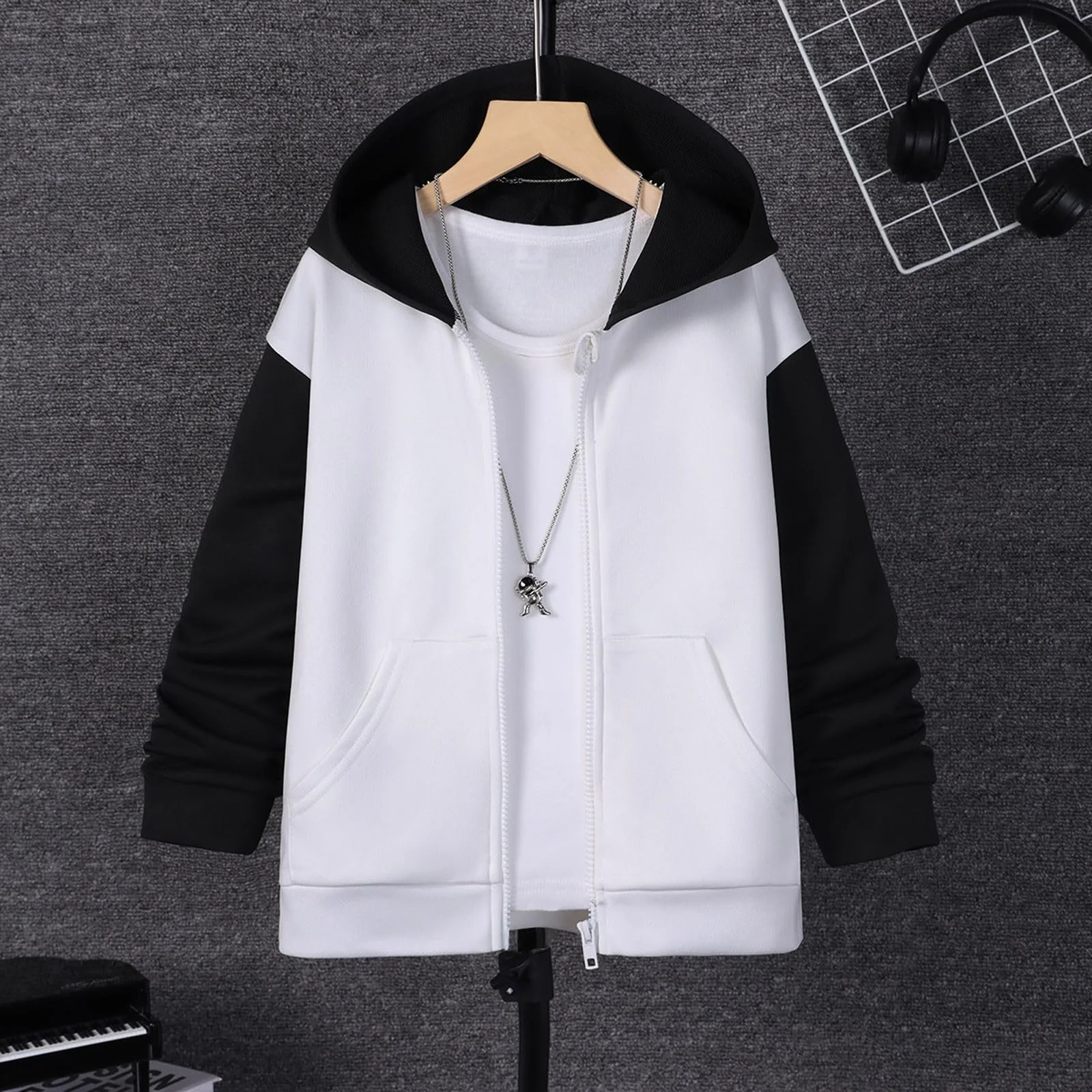 Куртка для мальчиков Цветной блок с капюшоном на молнии с длинными рукавами, фото №3