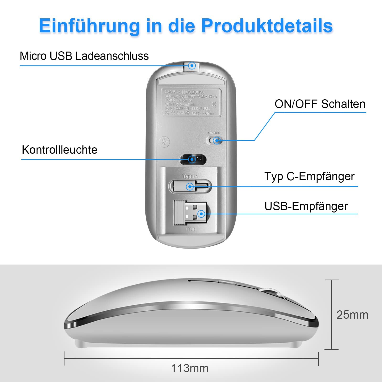 Мышь беспроводная QYFP 2.4 GHz с USB/USB-C двумя приемниками для ноутбука/настольного компьютера/ПК, перезаряжаемая тихая мышь, совместимая с iPad, MacBook Air/Pro, Mac, Chromebook, Windows, Computer, фото №5