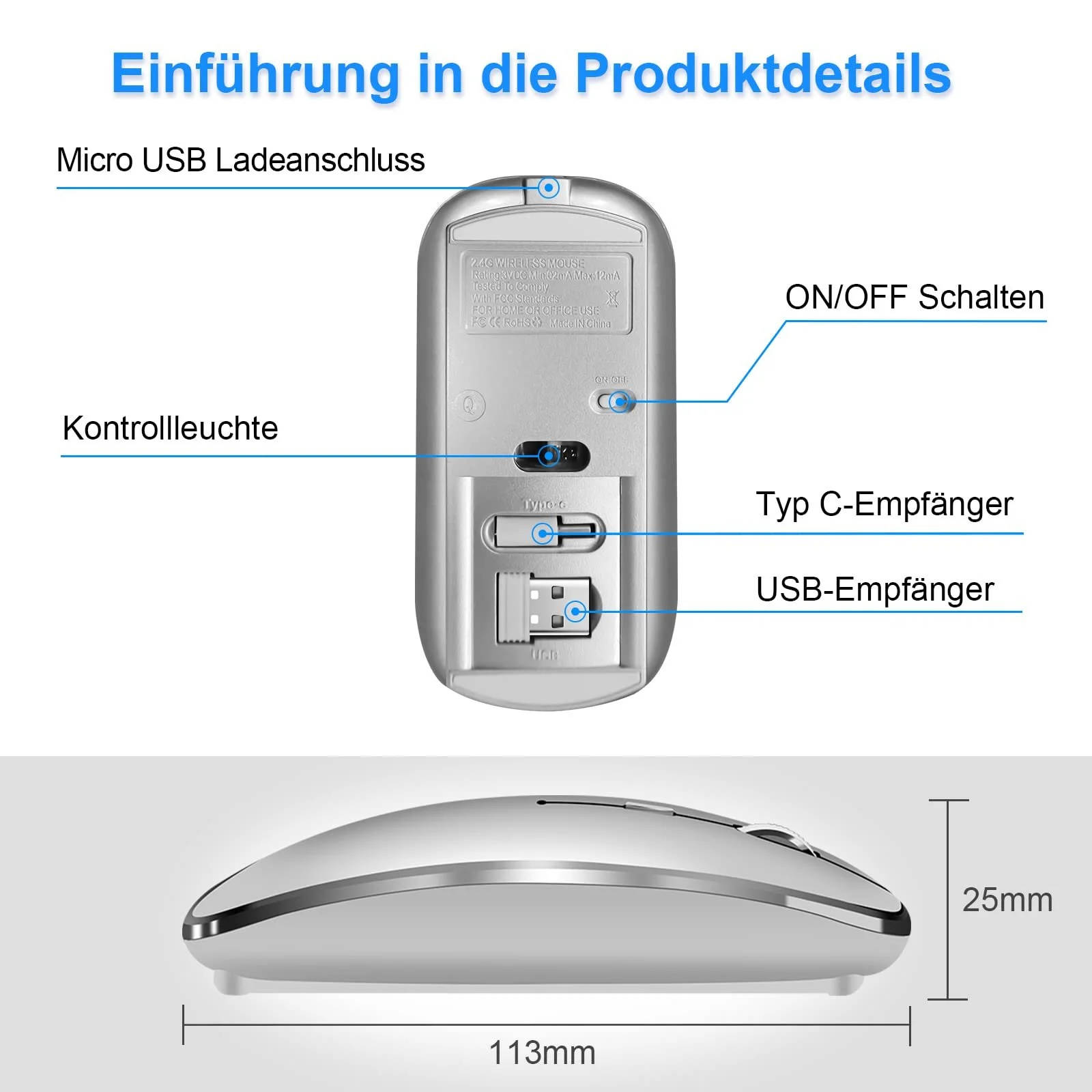 Мышь беспроводная QYFP 2.4 GHz с USB/USB-C двумя приемниками для ноутбука/настольного компьютера/ПК, перезаряжаемая тихая мышь, совместимая с iPad, MacBook Air/Pro, Mac, Chromebook, Windows, Computer, фото №5